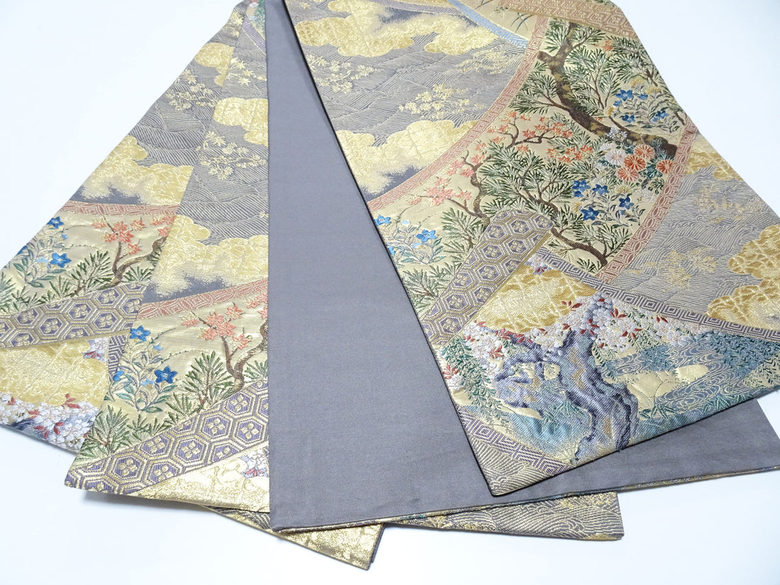 Japanese Kimono Silk Fukuro Obi Pine cherry blossoms waves Woven Pattern 16331