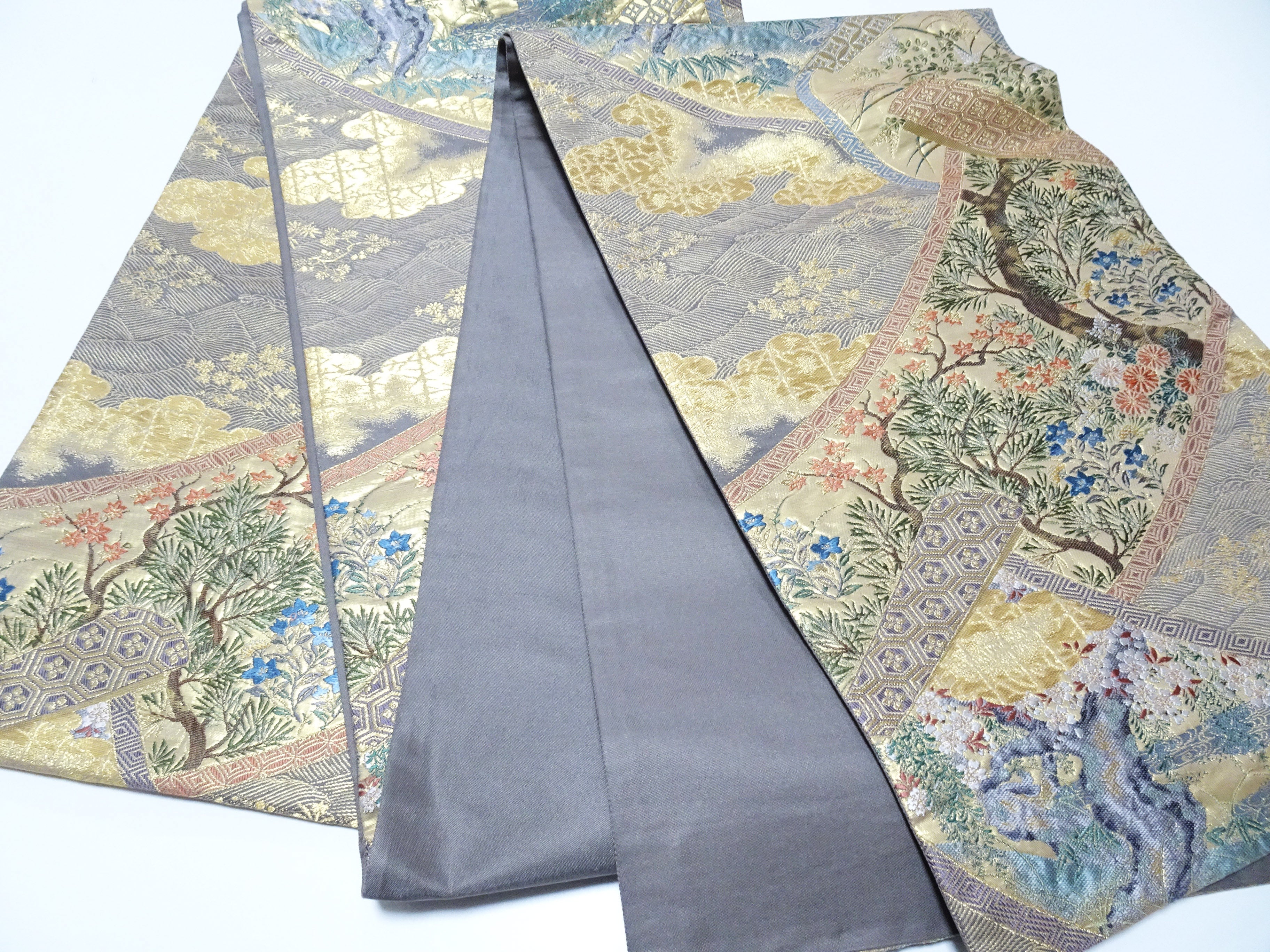 Japanese Kimono Silk Fukuro Obi Pine cherry blossoms waves Woven Pattern 16331