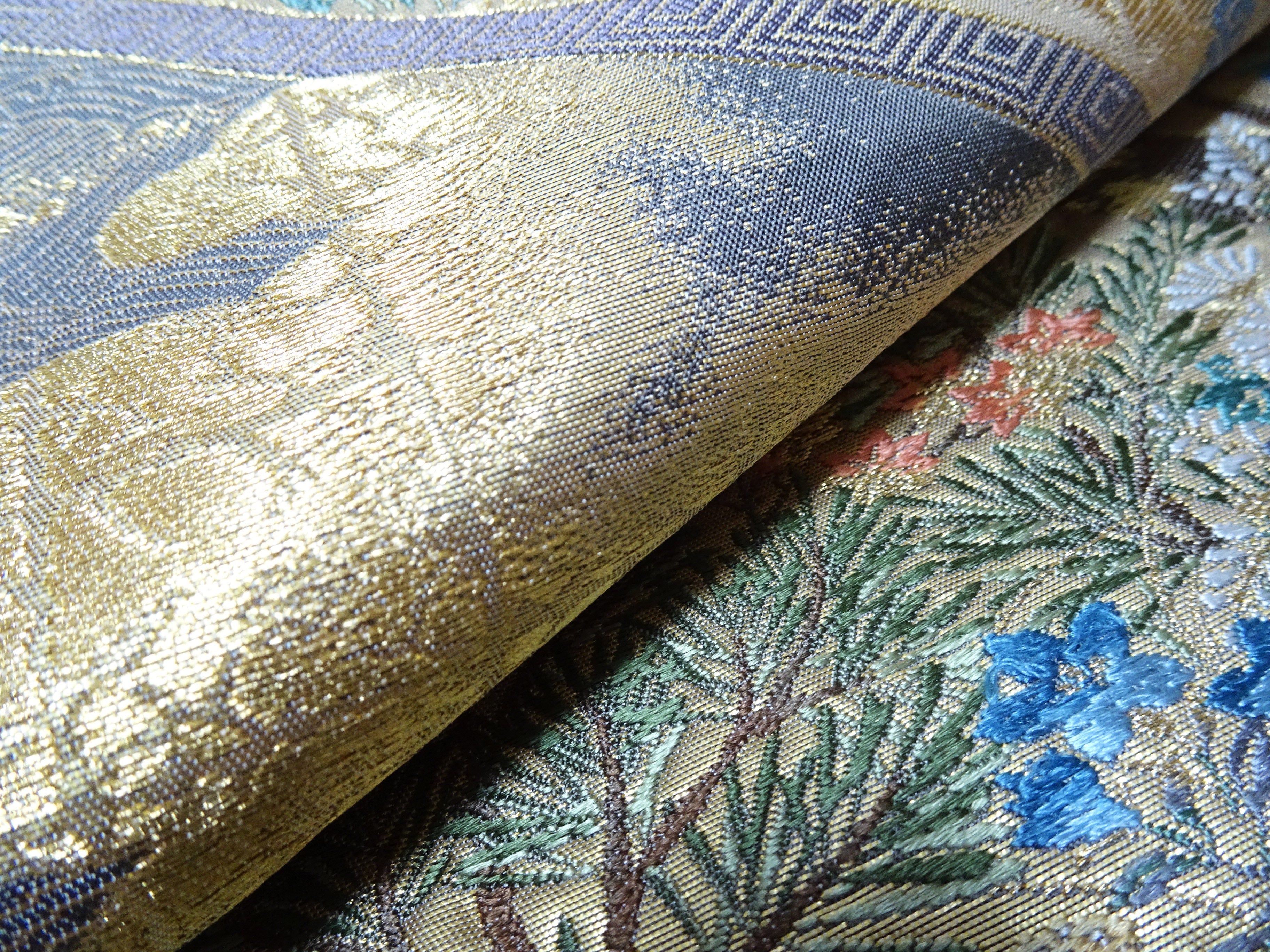 Japanese Kimono Silk Fukuro Obi Pine cherry blossoms waves Woven Pattern 16331