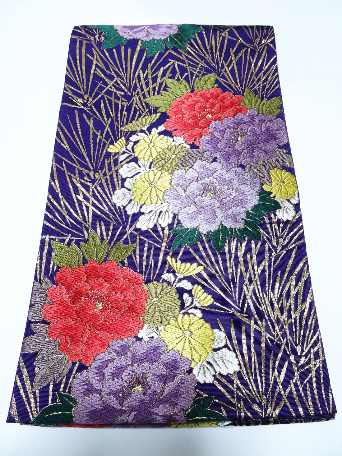 Japanese Kimono Silk Fukuro Obi Peony waves Woven Pattern Dark Purple 16332