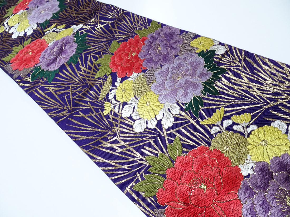 Japanese Kimono Silk Fukuro Obi Peony waves Woven Pattern Dark Purple 16332