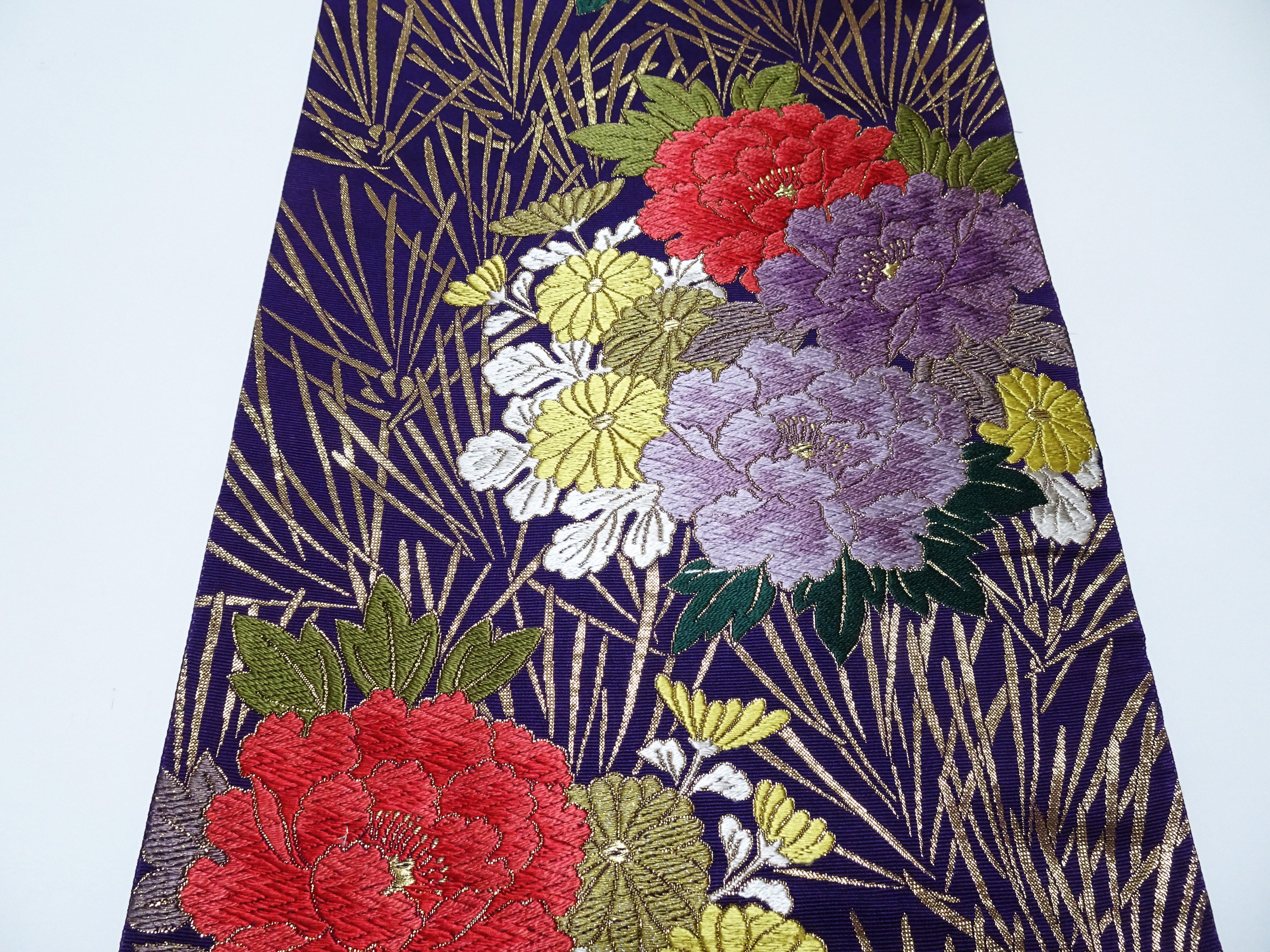 Japanese Kimono Silk Fukuro Obi Peony waves Woven Pattern Dark Purple 16332