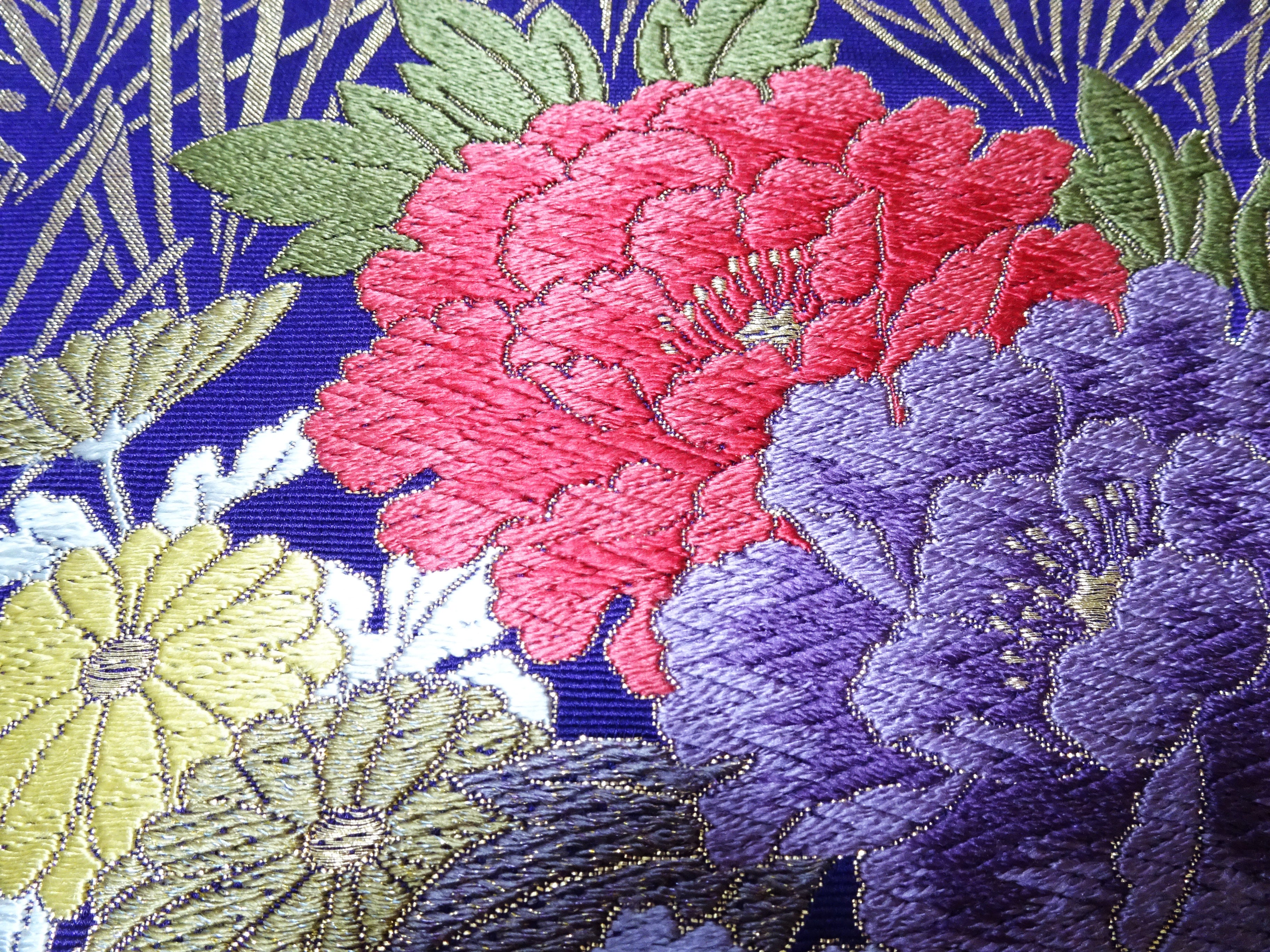Japanese Kimono Silk Fukuro Obi Peony waves Woven Pattern Dark Purple 16332