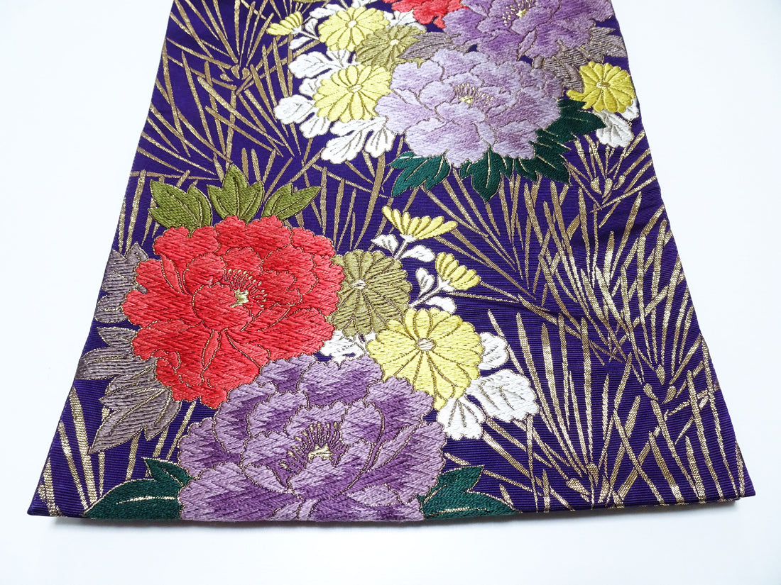 Japanese Kimono Silk Fukuro Obi Peony waves Woven Pattern Dark Purple 16332