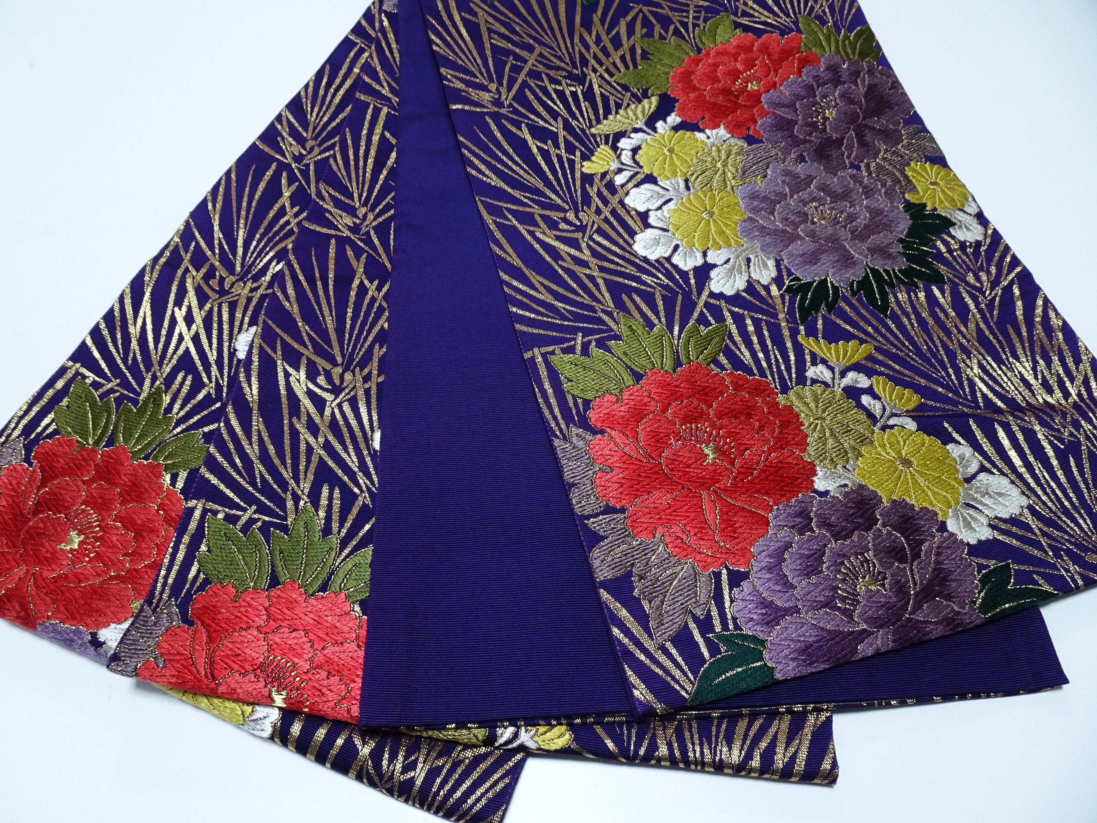 Japanese Kimono Silk Fukuro Obi Peony waves Woven Pattern Dark Purple 16332
