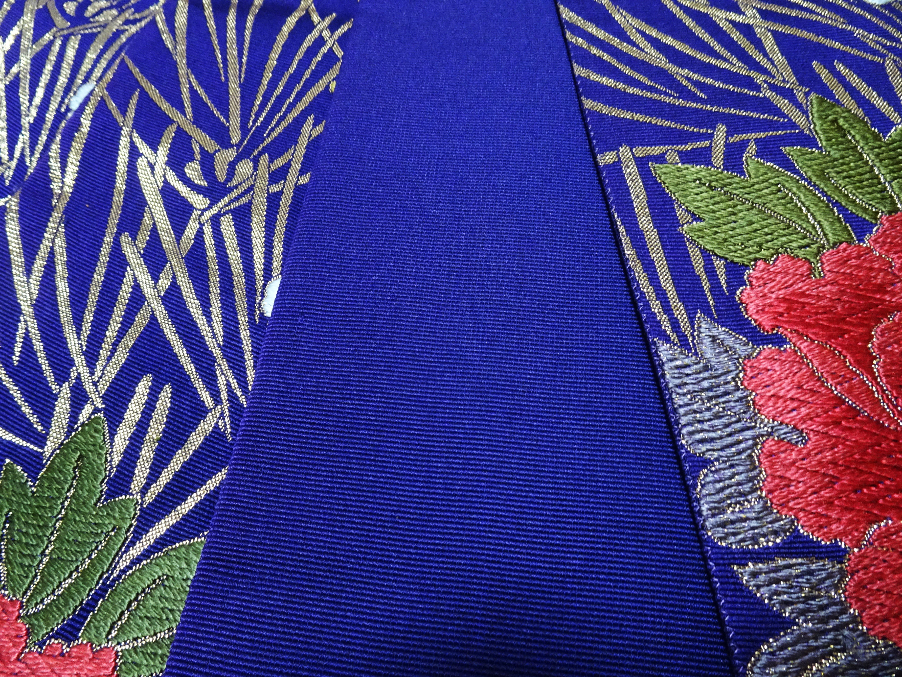 Japanese Kimono Silk Fukuro Obi Peony waves Woven Pattern Dark Purple 16332