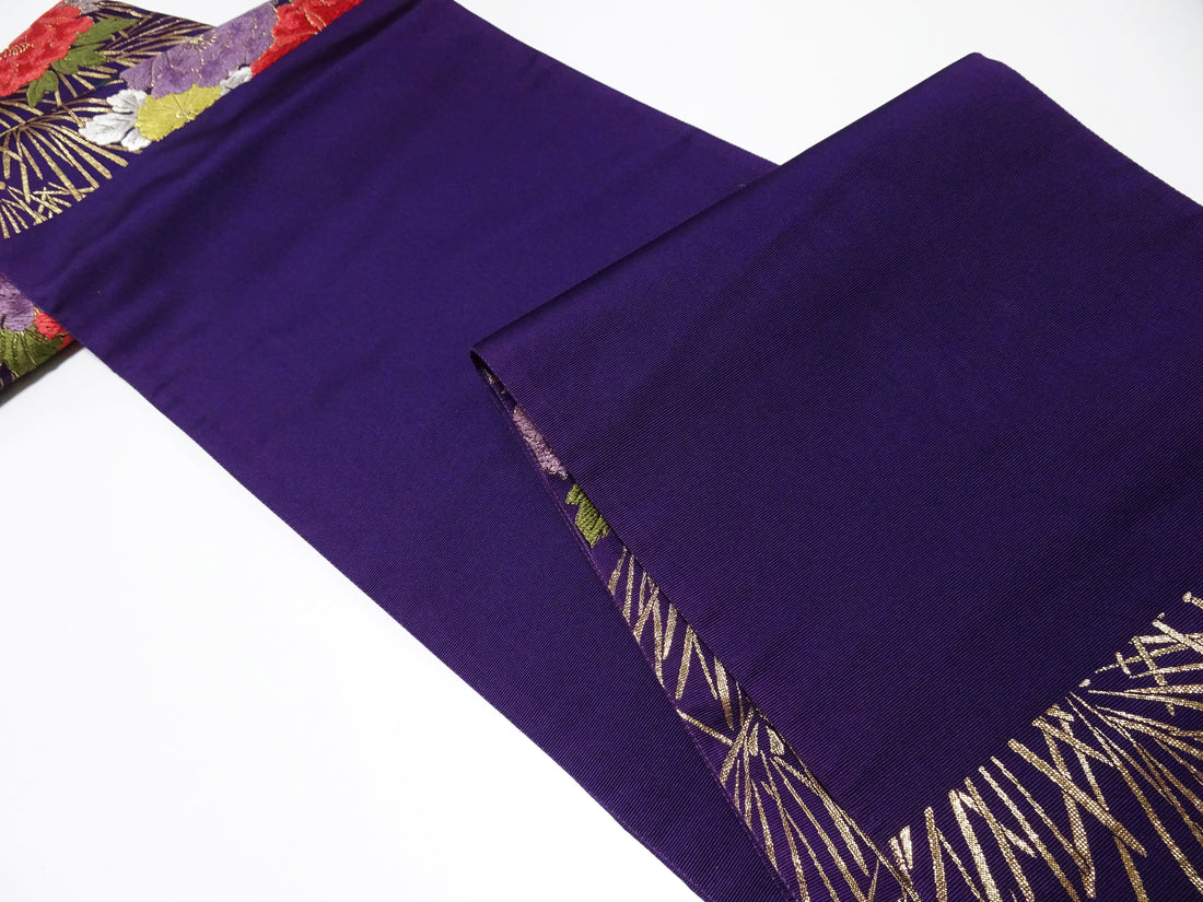 Japanese Kimono Silk Fukuro Obi Peony waves Woven Pattern Dark Purple 16332