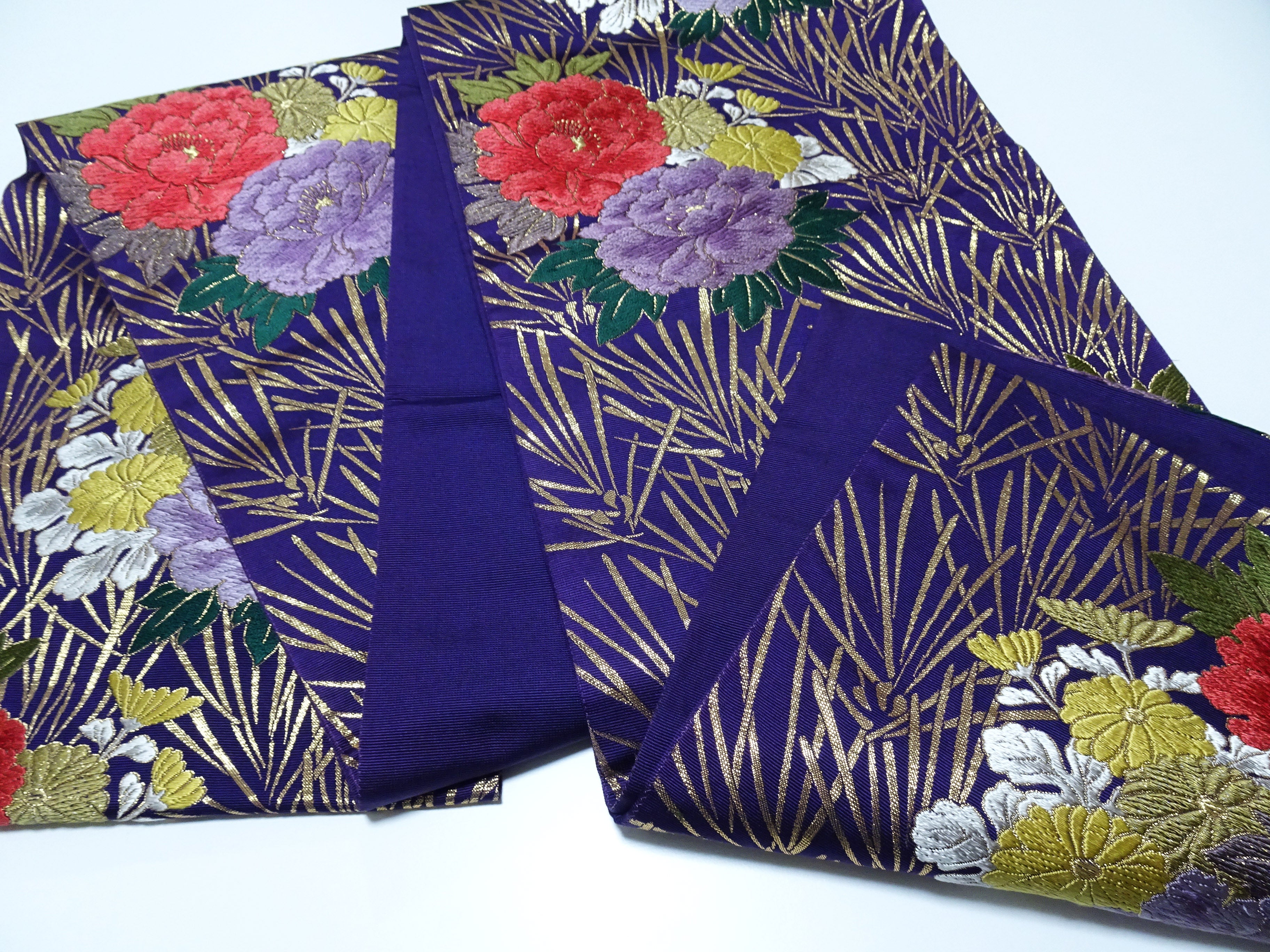 Japanese Kimono Silk Fukuro Obi Peony waves Woven Pattern Dark Purple 16332