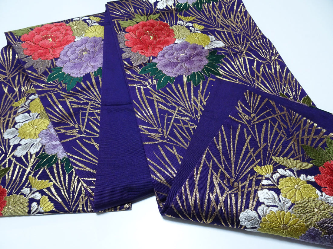 Japanese Kimono Silk Fukuro Obi Peony waves Woven Pattern Dark Purple 16332
