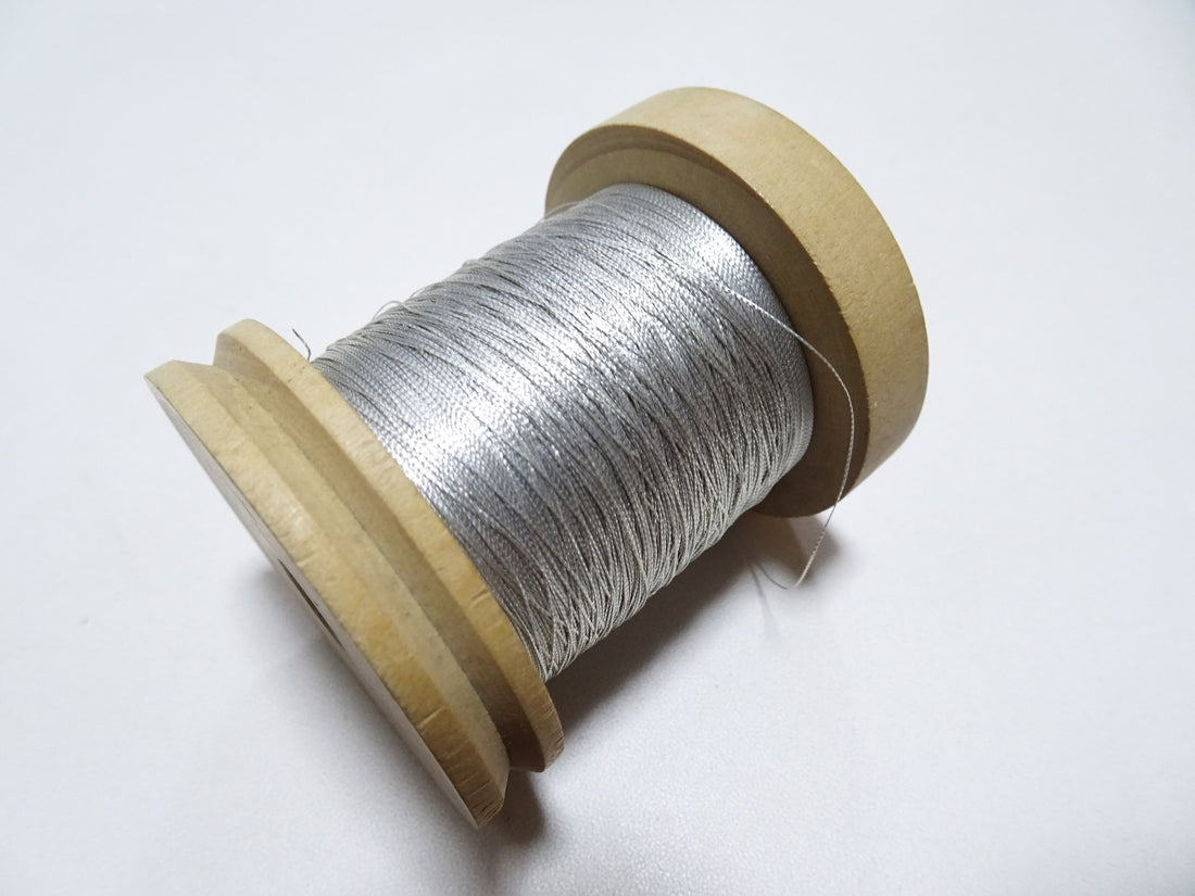 Japanese Vintage Rasen Silver leaf thread & Wooden Spool embroidery 18675