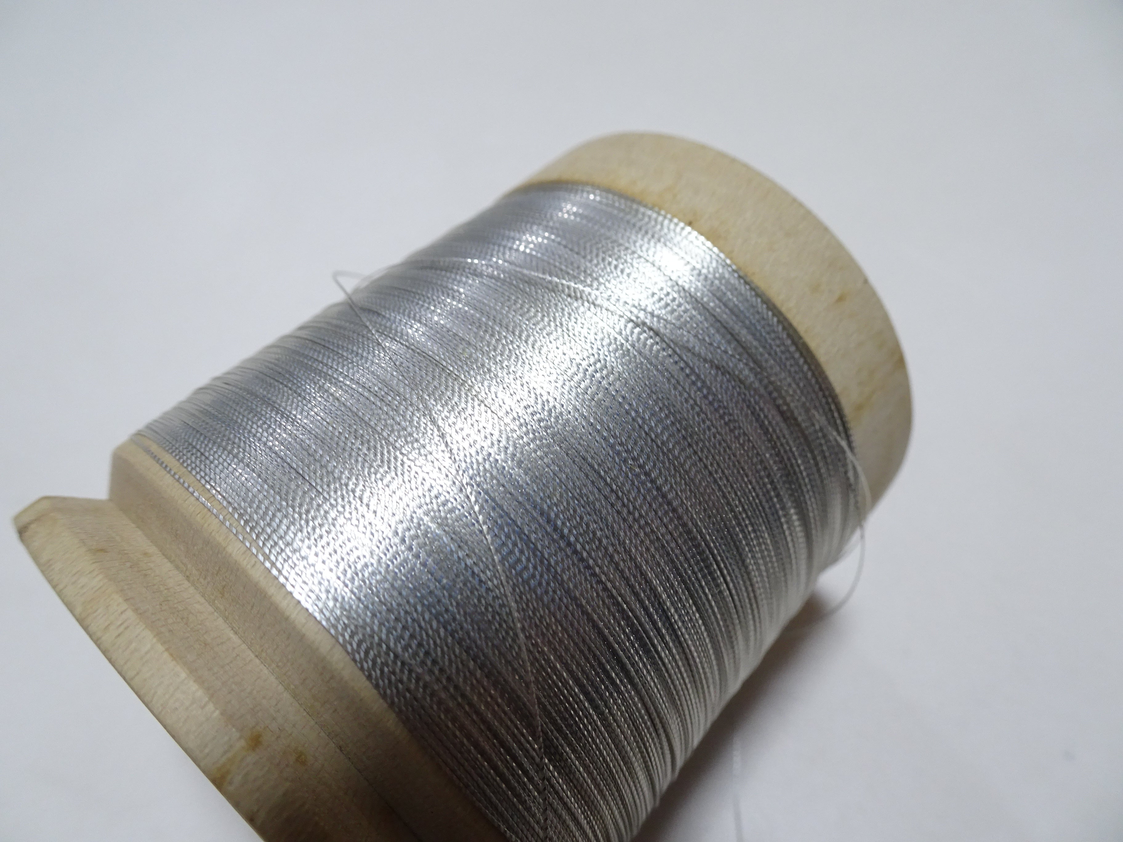 Japanese Vintage Rasen Silver leaf thread & Wooden Spool embroidery 18676