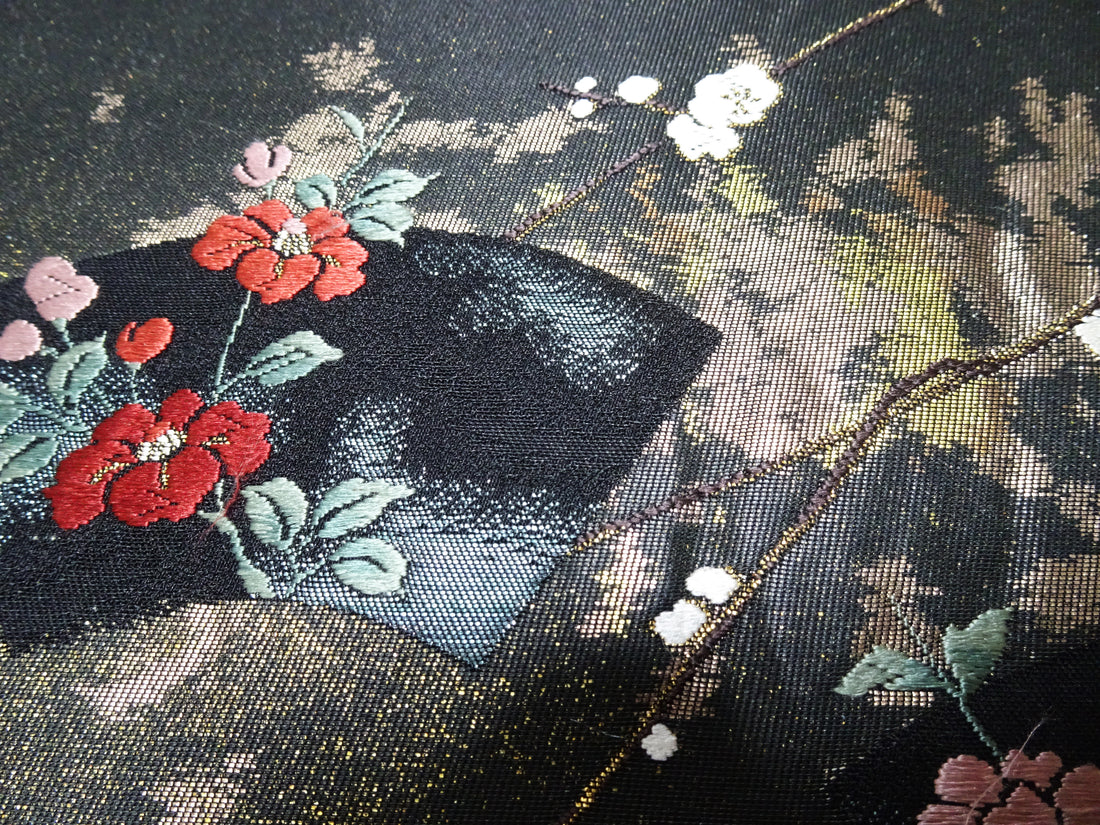 Japanese Kimono Silk Fukuro Obi Suri-Haku Branch Plum Woven Pattern16335