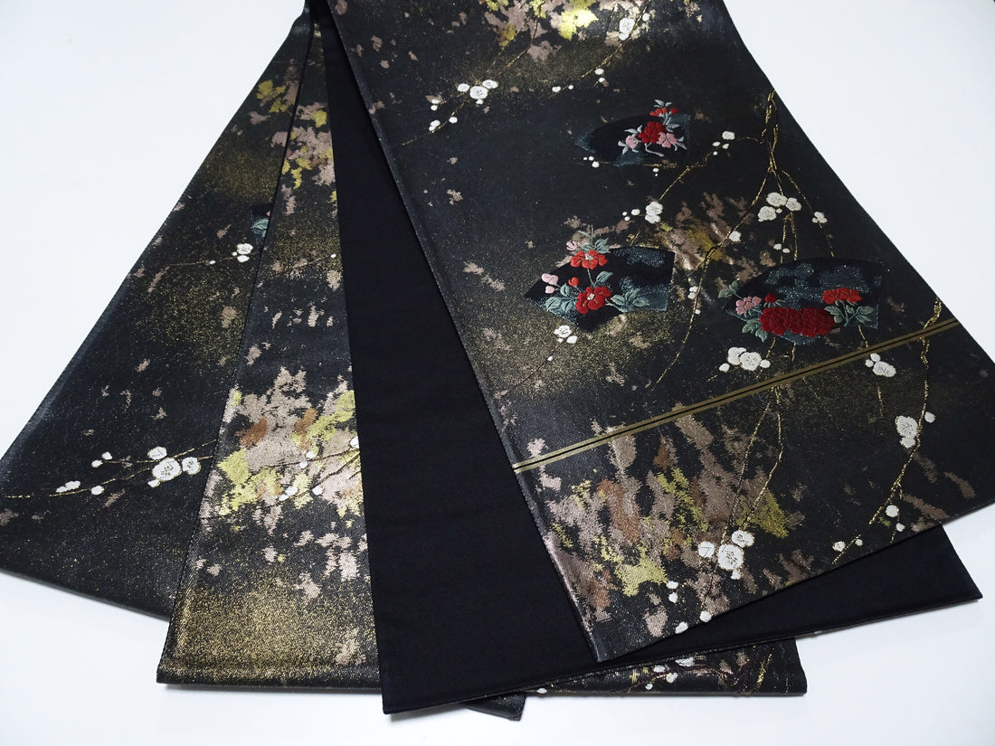 Japanese Kimono Silk Fukuro Obi Suri-Haku Branch Plum Woven Pattern16335