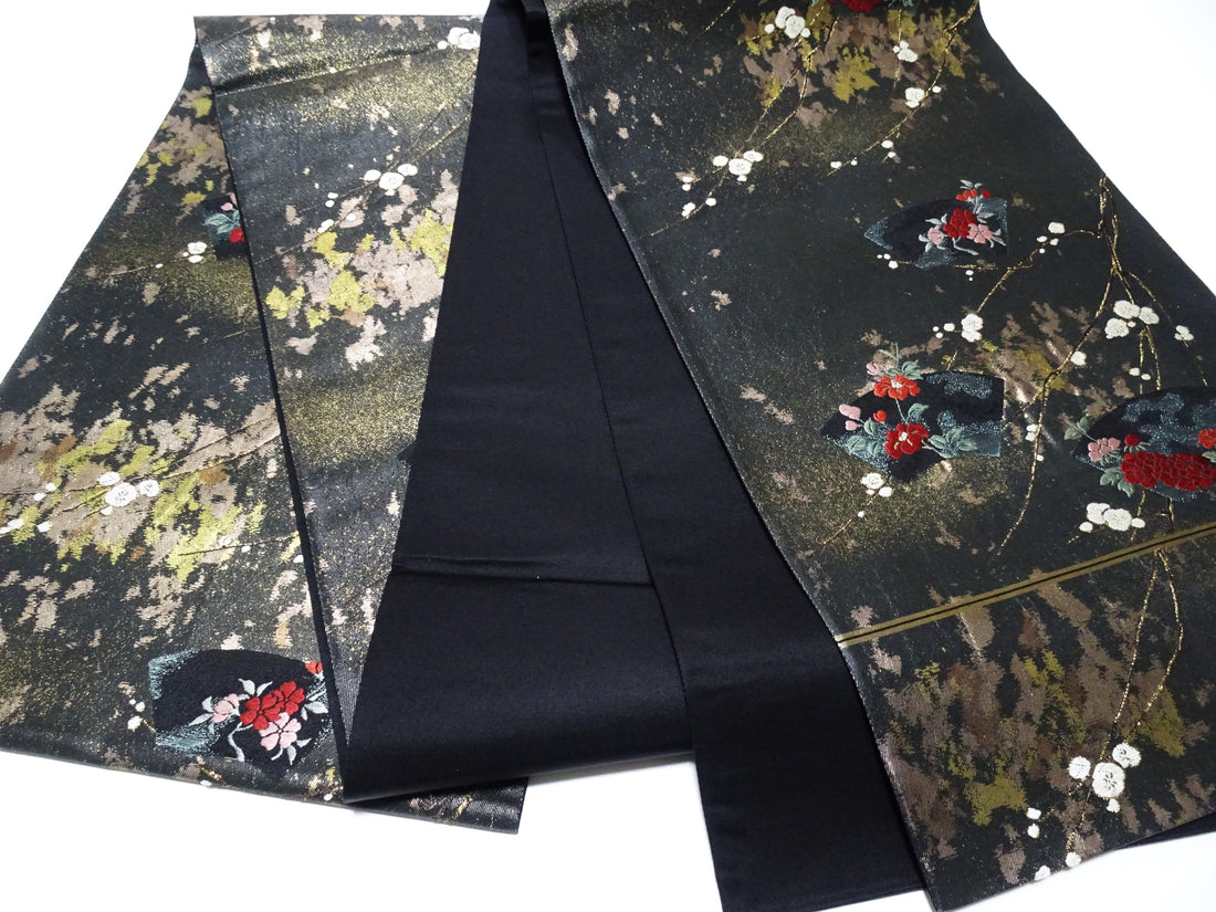 Japanese Kimono Silk Fukuro Obi Suri-Haku Branch Plum Woven Pattern16335