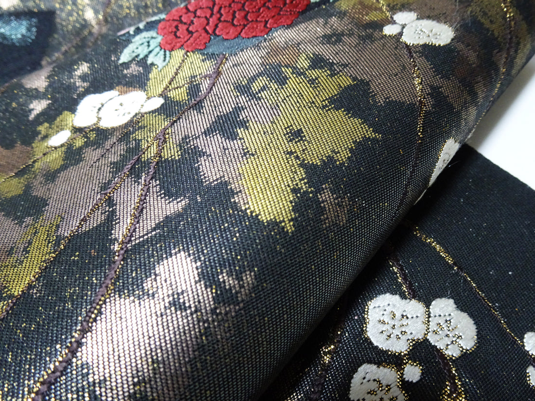 Japanese Kimono Silk Fukuro Obi Suri-Haku Branch Plum Woven Pattern16335