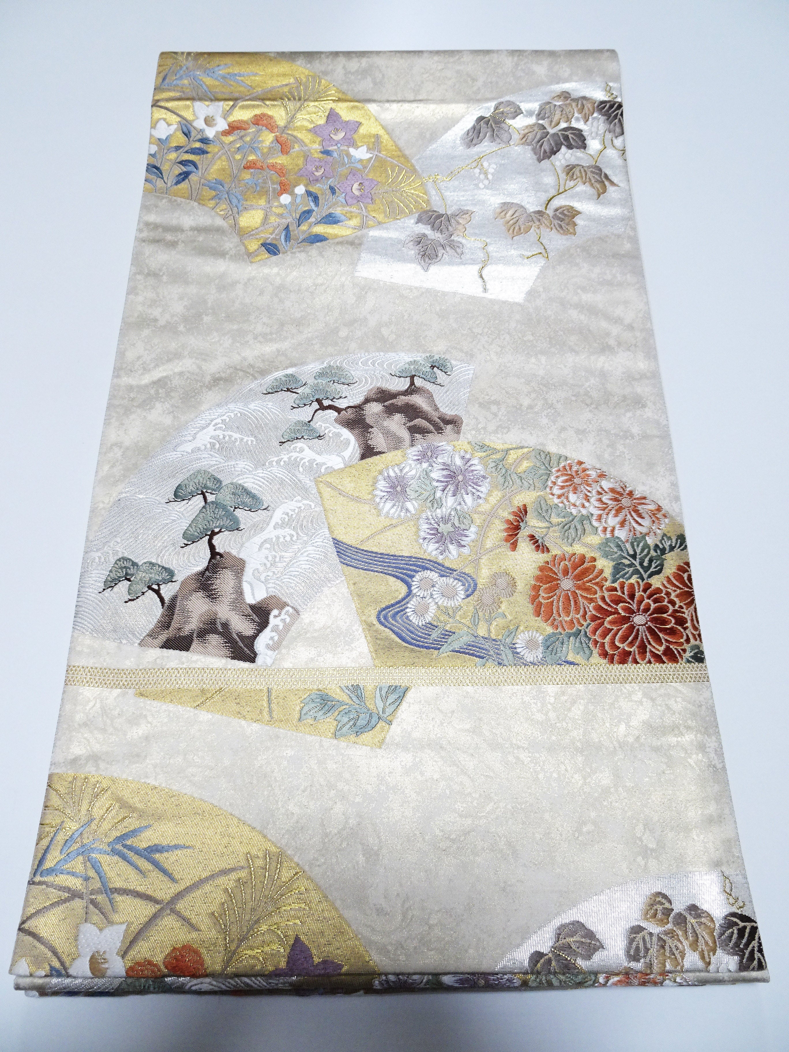 Japanese Kimono Silk Fukuro Obi Hikihaku Pine Trees and Wildflowers Woven Pattern16337