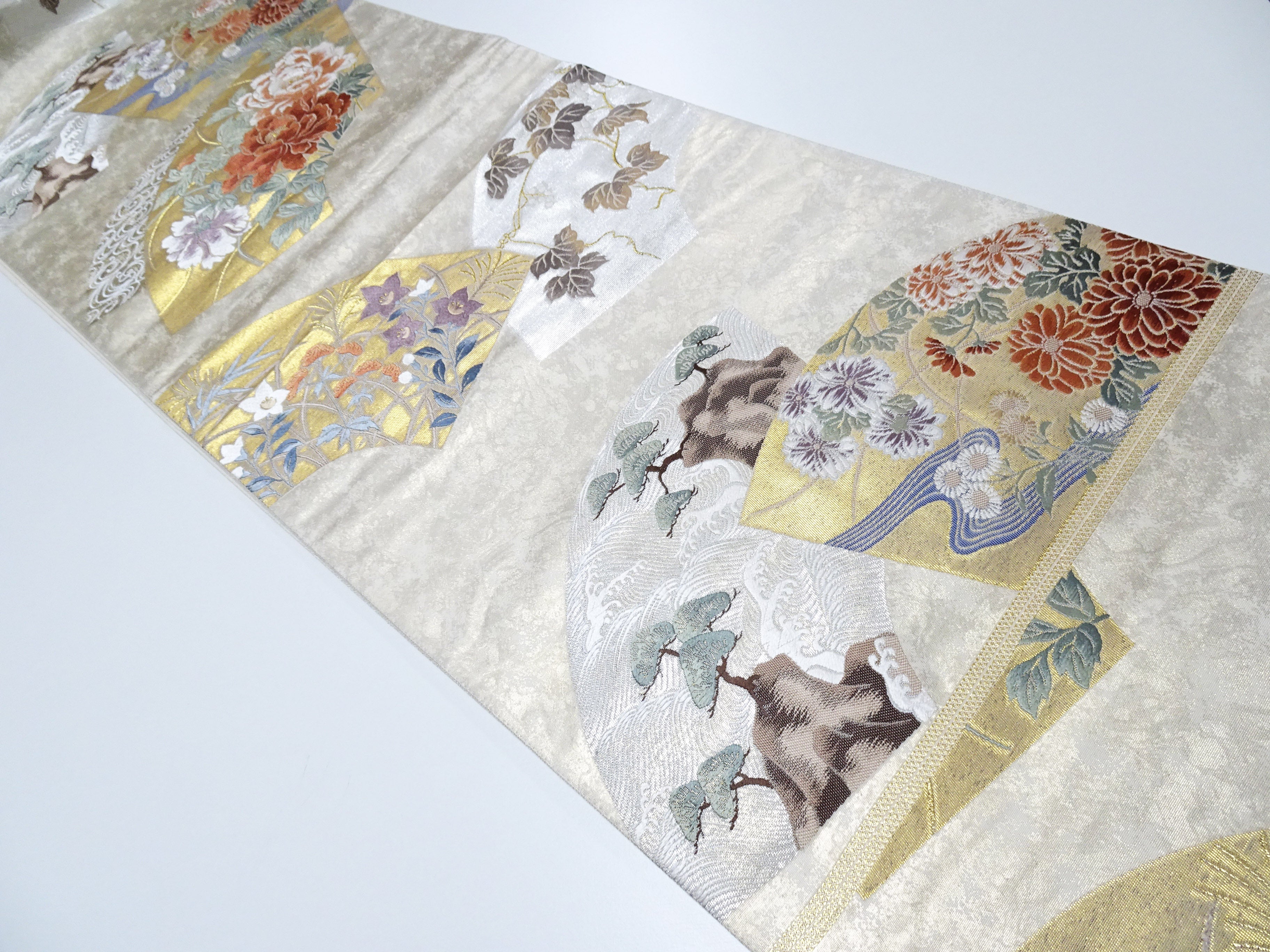 Japanese Kimono Silk Fukuro Obi Hikihaku Pine Trees and Wildflowers Woven Pattern16337