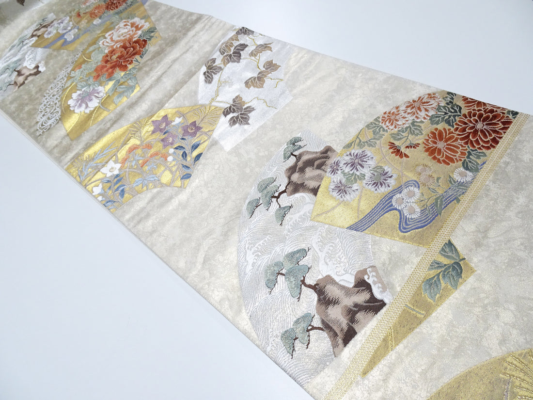 Japanese Kimono Silk Fukuro Obi Hikihaku Pine Trees and Wildflowers Woven Pattern16337