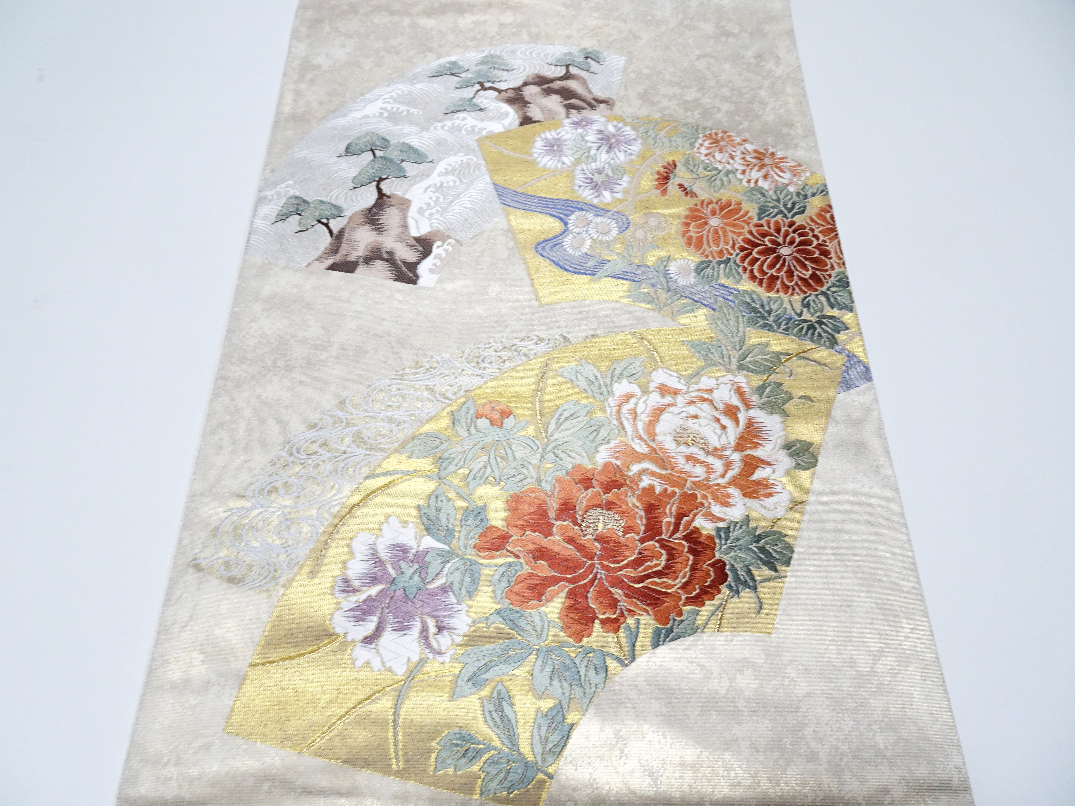 Japanese Kimono Silk Fukuro Obi Hikihaku Pine Trees and Wildflowers Woven Pattern16337