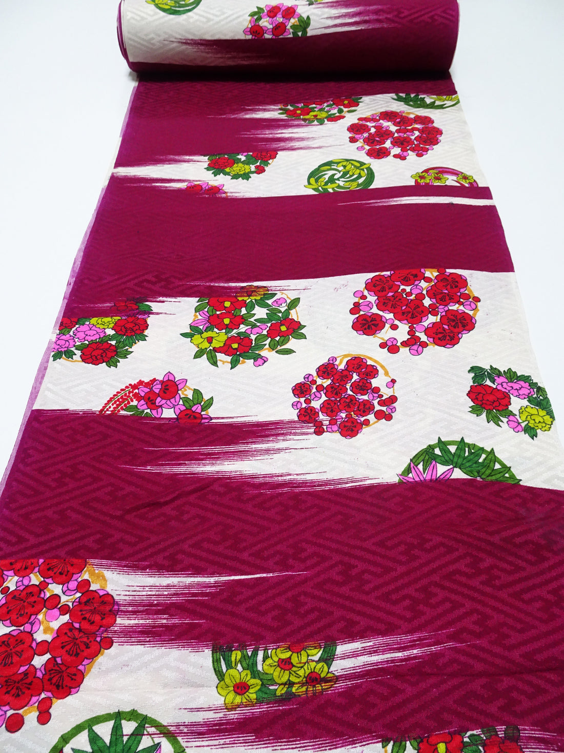 Japanese Taisho–Showa Era Antique Deadstock Silk Kimono Fabric Bolt with Bold Floral Pattern 16235