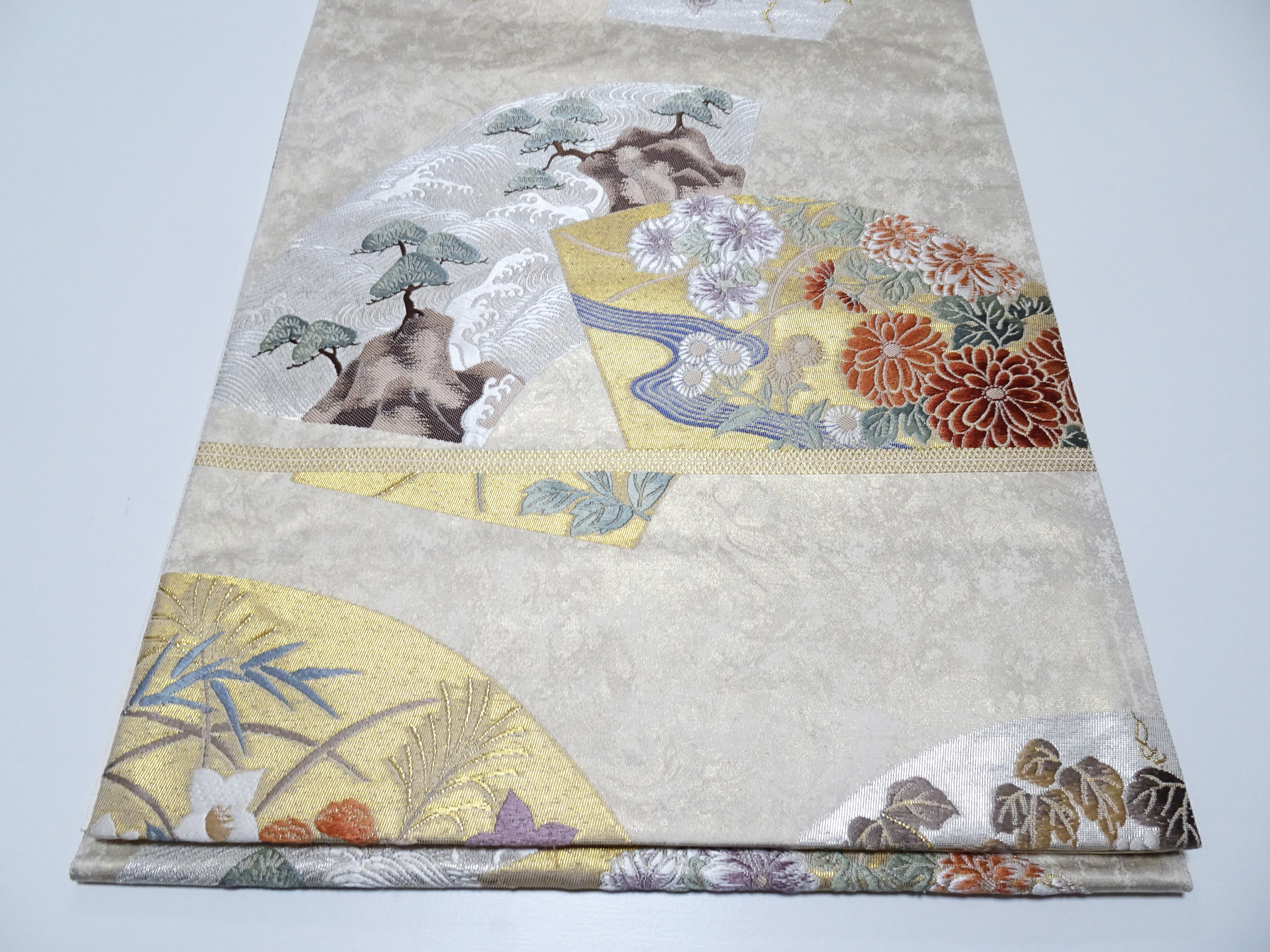 Japanese Kimono Silk Fukuro Obi Hikihaku Pine Trees and Wildflowers Woven Pattern16337