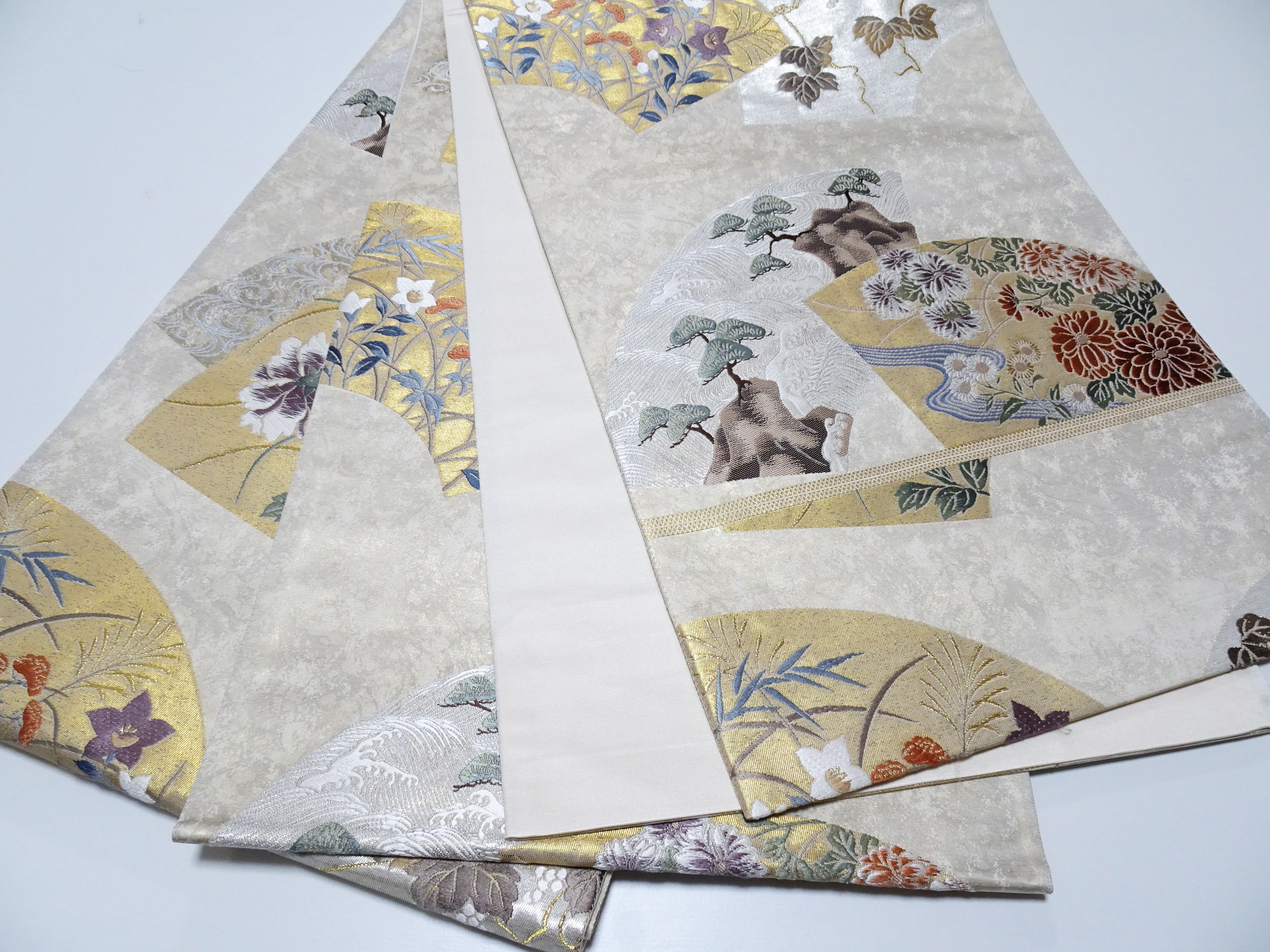Japanese Kimono Silk Fukuro Obi Hikihaku Pine Trees and Wildflowers Woven Pattern16337
