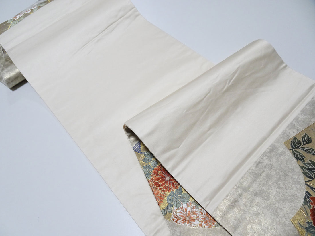 Japanese Kimono Silk Fukuro Obi Hikihaku Pine Trees and Wildflowers Woven Pattern16337