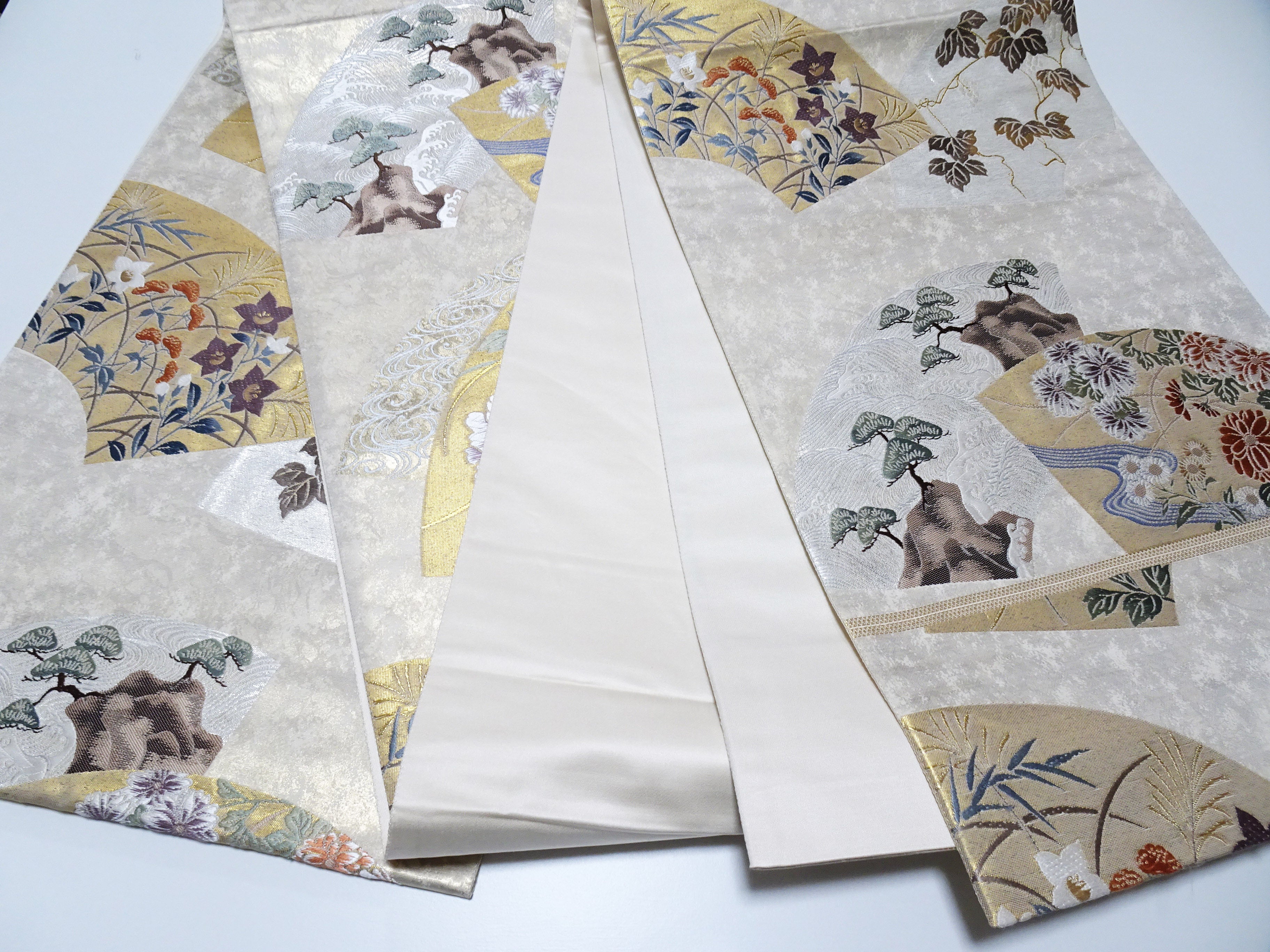 Japanese Kimono Silk Fukuro Obi Hikihaku Pine Trees and Wildflowers Woven Pattern16337