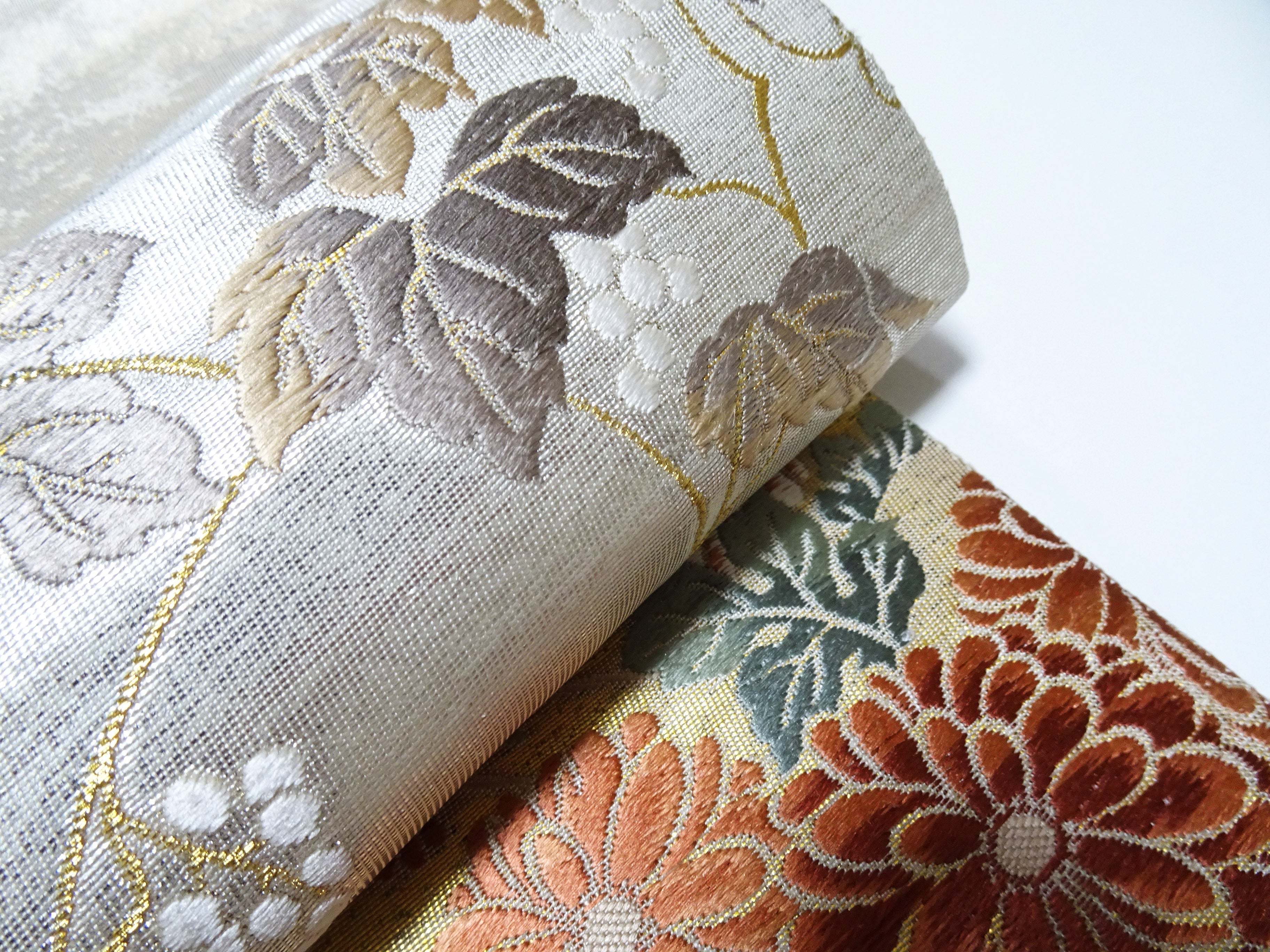Japanese Kimono Silk Fukuro Obi Hikihaku Pine Trees and Wildflowers Woven Pattern16337