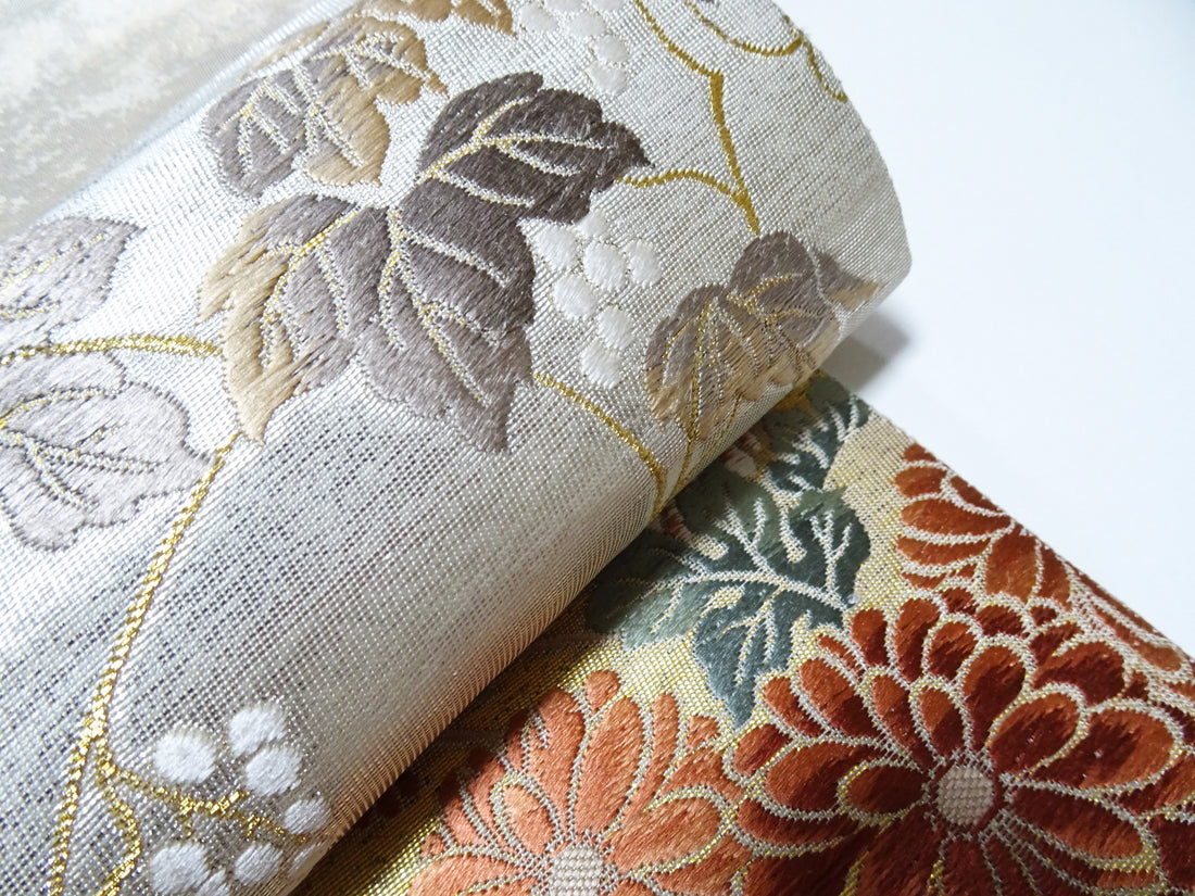 Japanese Kimono Silk Fukuro Obi Hikihaku Pine Trees and Wildflowers Woven Pattern16337