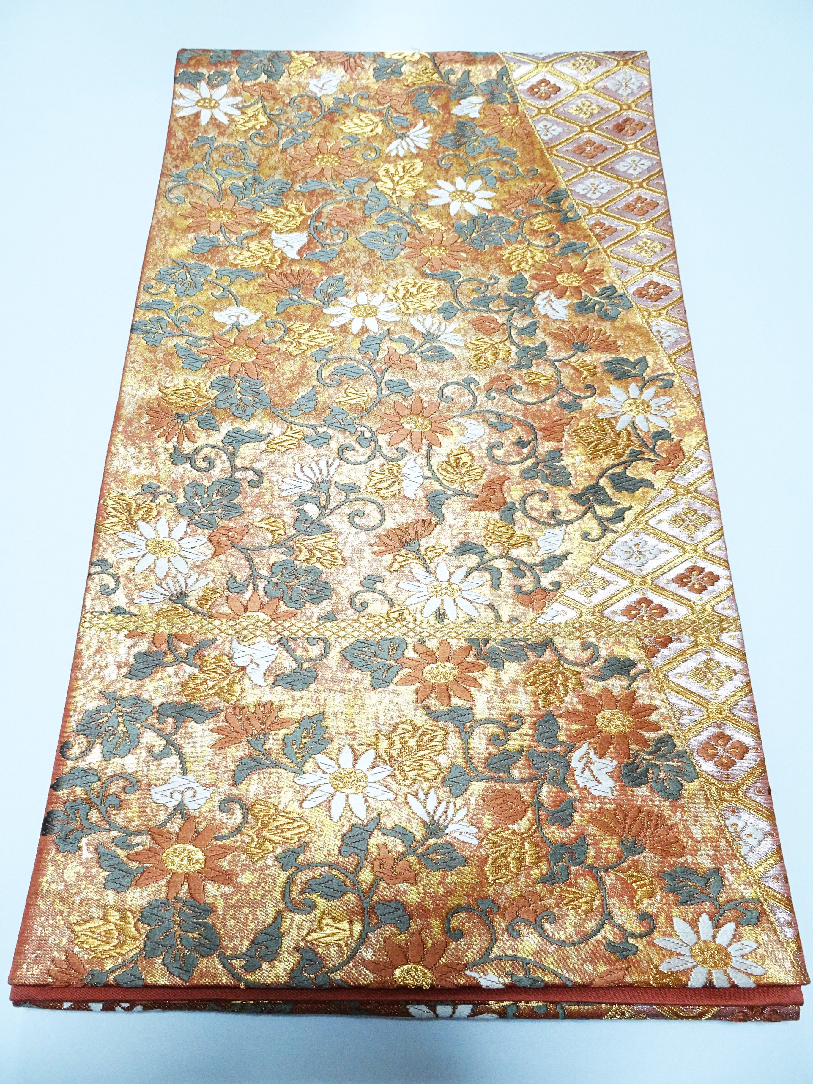 Japanese Kimono Silk Fukuro Obi Hikihaku Floral Arabesque Woven Pattern16338