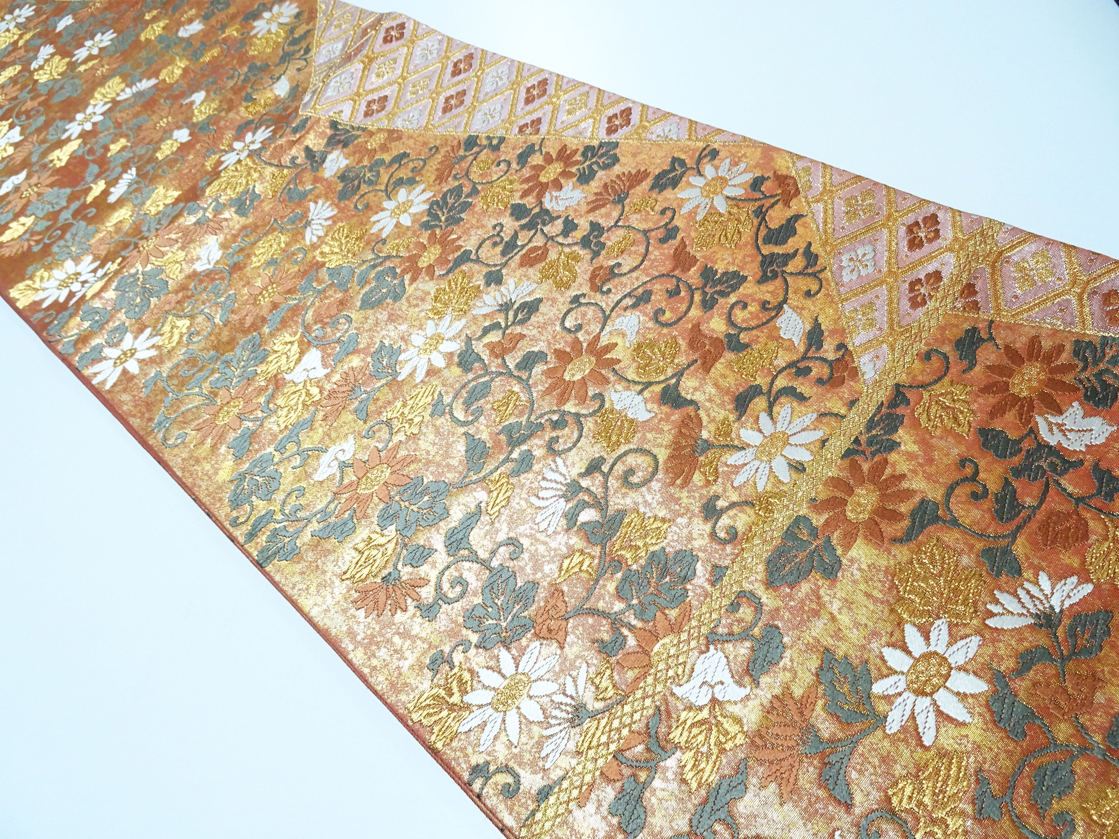 Japanese Kimono Silk Fukuro Obi Hikihaku Floral Arabesque Woven Pattern16338