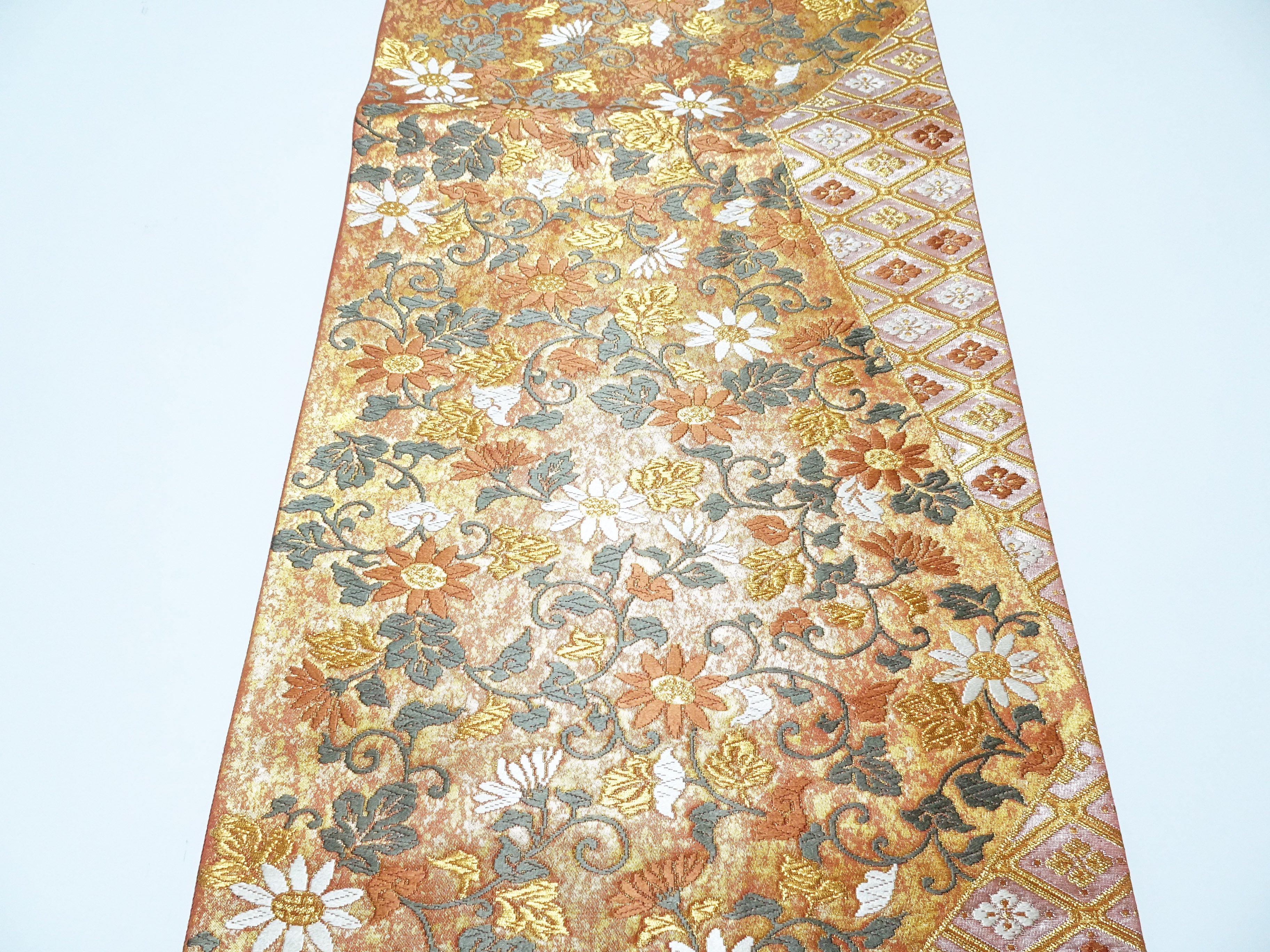Japanese Kimono Silk Fukuro Obi Hikihaku Floral Arabesque Woven Pattern16338