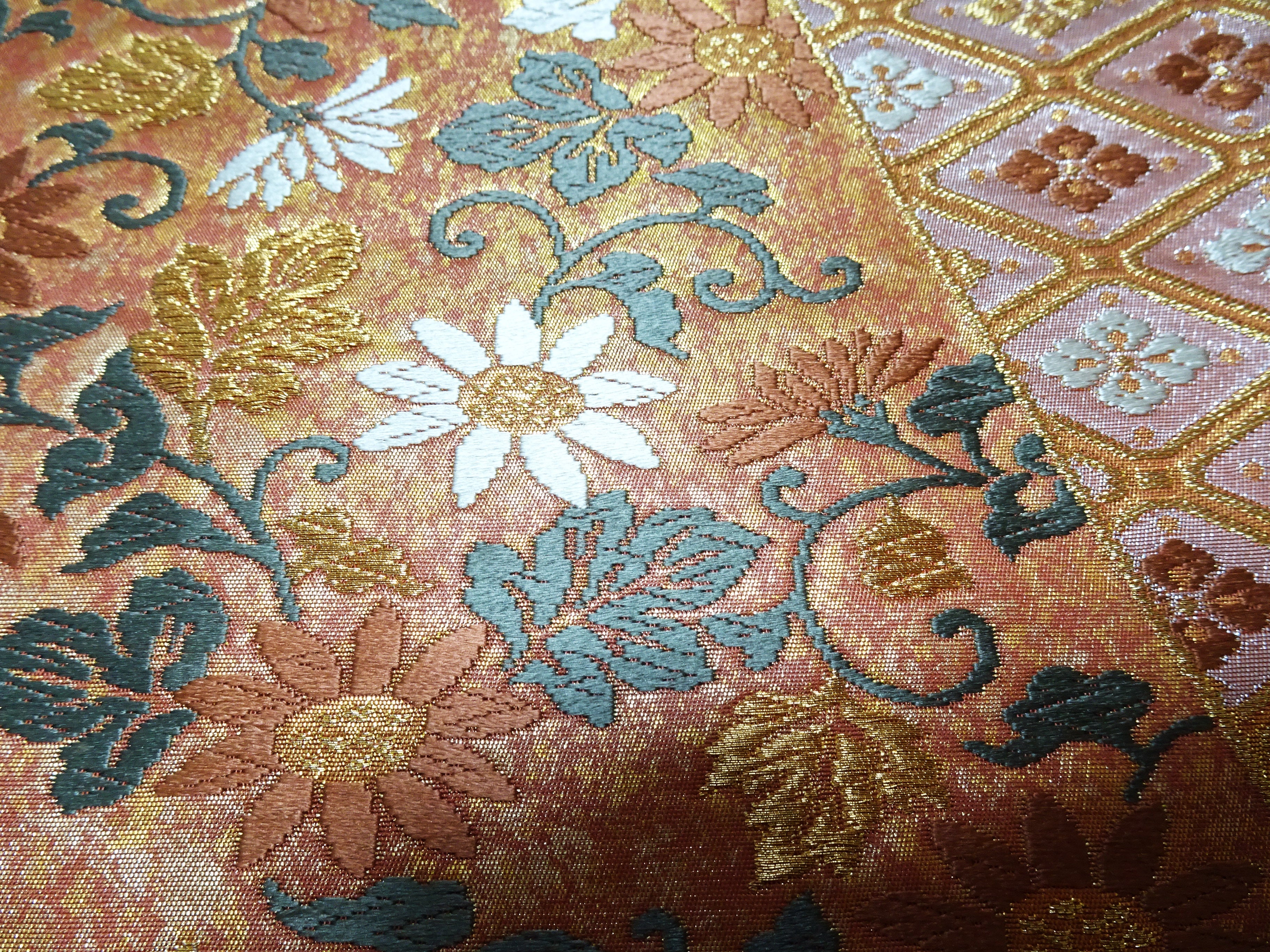 Japanese Kimono Silk Fukuro Obi Hikihaku Floral Arabesque Woven Pattern16338