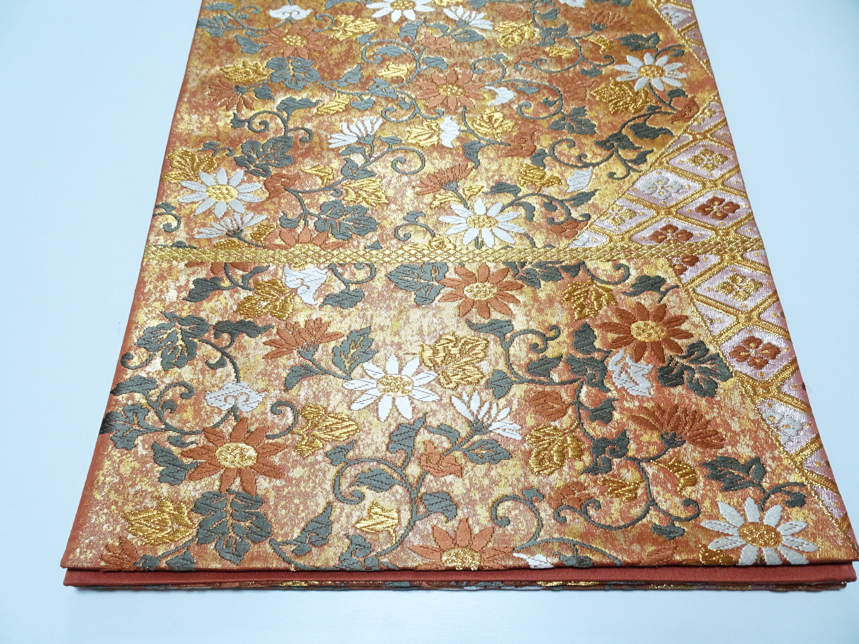 Japanese Kimono Silk Fukuro Obi Hikihaku Floral Arabesque Woven Pattern16338
