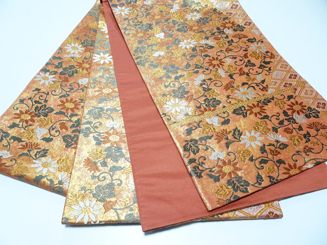 Japanese Kimono Silk Fukuro Obi Hikihaku Floral Arabesque Woven Pattern16338