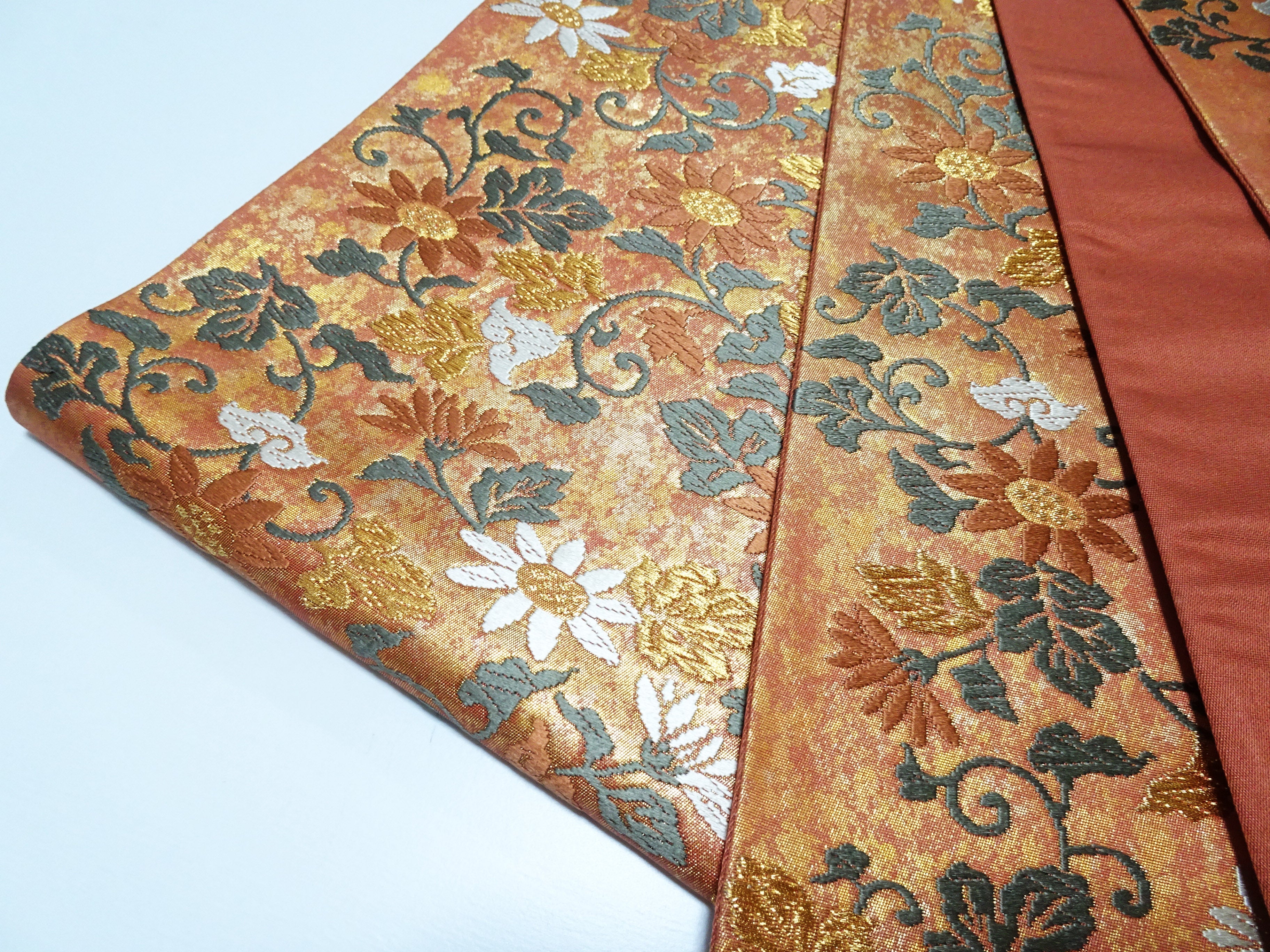 Japanese Kimono Silk Fukuro Obi Hikihaku Floral Arabesque Woven Pattern16338