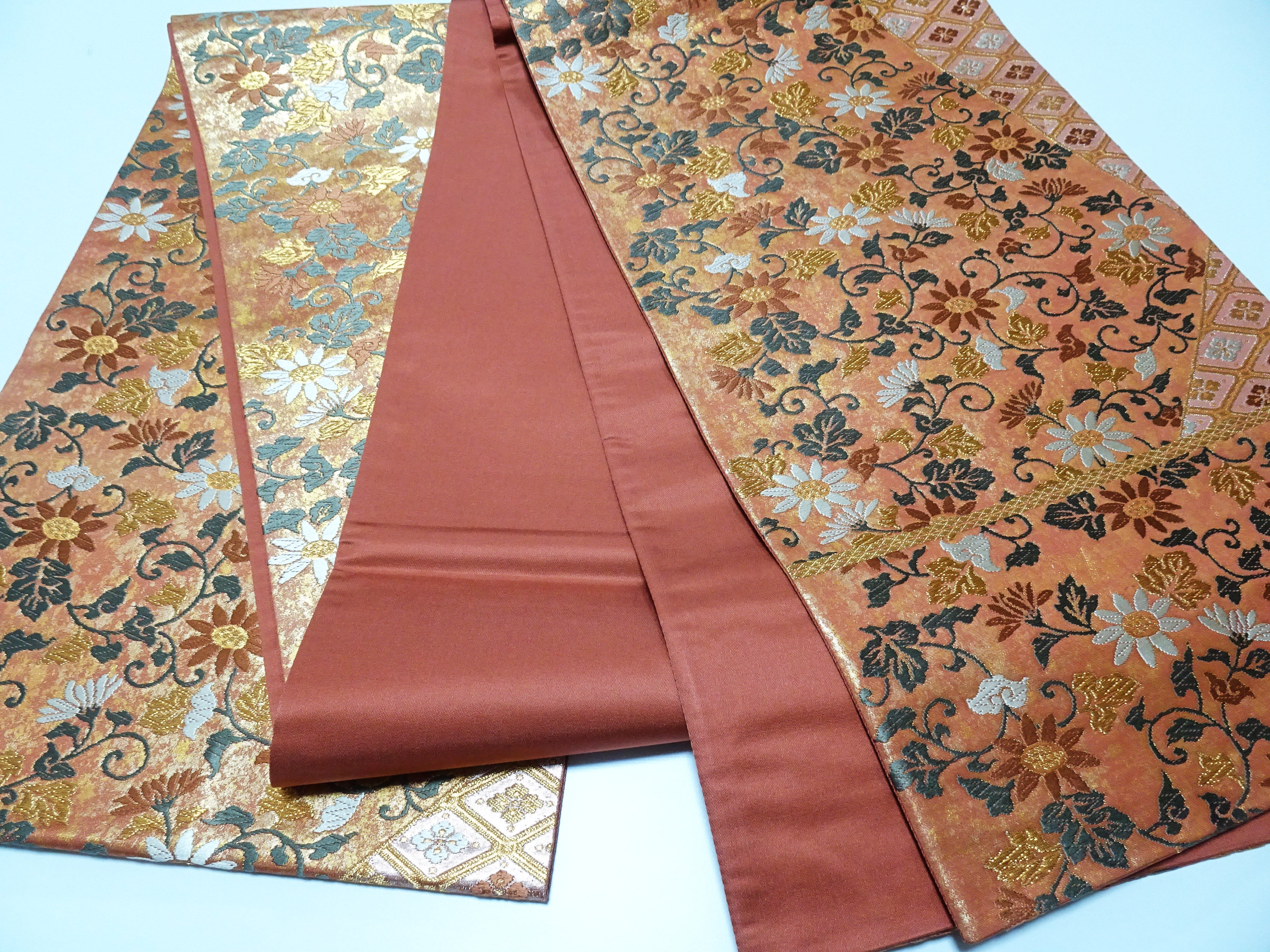 Japanese Kimono Silk Fukuro Obi Hikihaku Floral Arabesque Woven Pattern16338