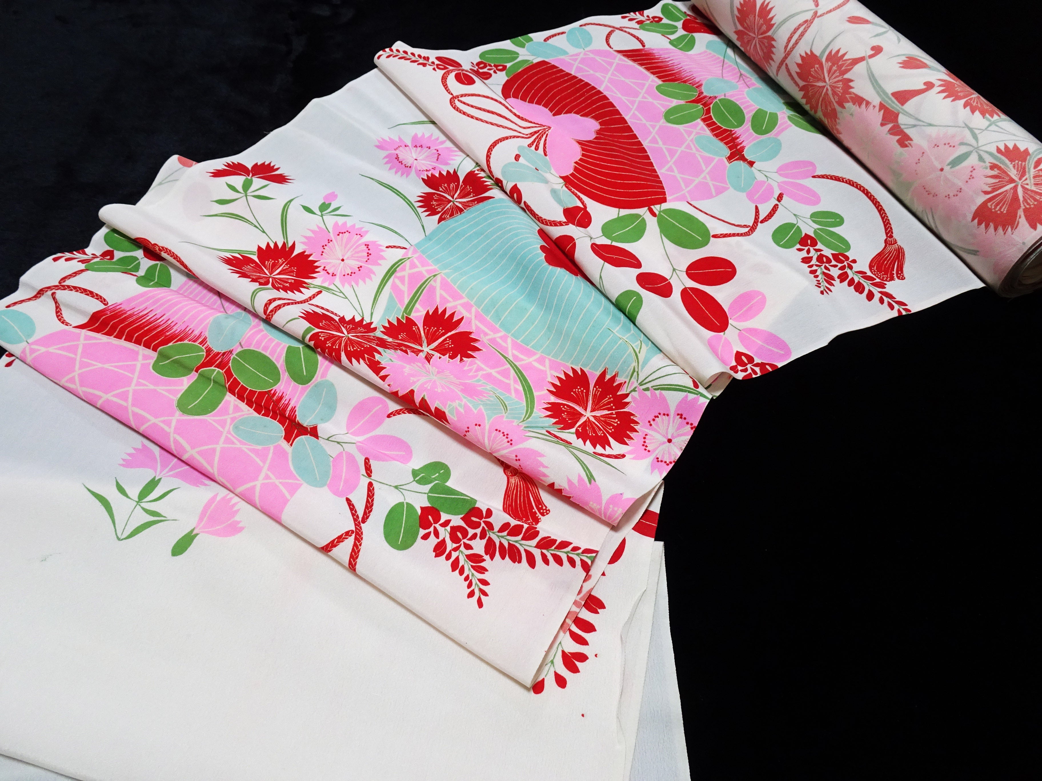 Japanese Antique Silk Kimono Fabric Bolt Nadeshiko Flowers, Autumn Grasses & Insect Cage Motif 18093