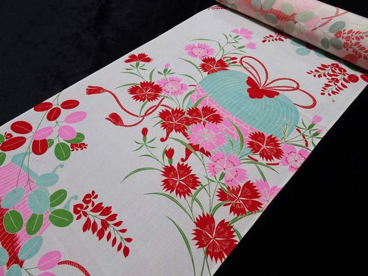Japanese Antique Silk Kimono Fabric Bolt Nadeshiko Flowers, Autumn Grasses & Insect Cage Motif 18093