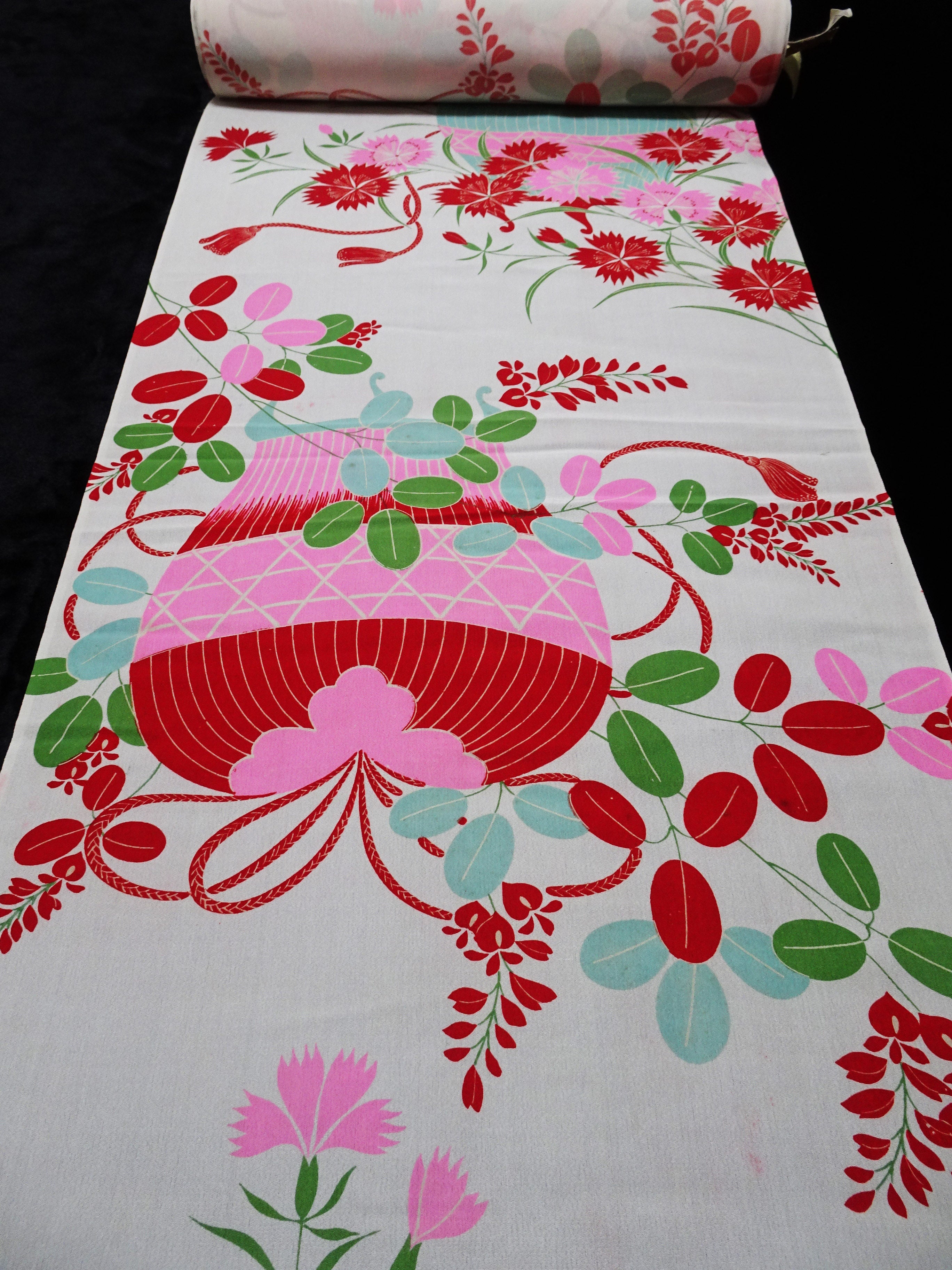 Japanese Antique Silk Kimono Fabric Bolt Nadeshiko Flowers, Autumn Grasses & Insect Cage Motif 18093