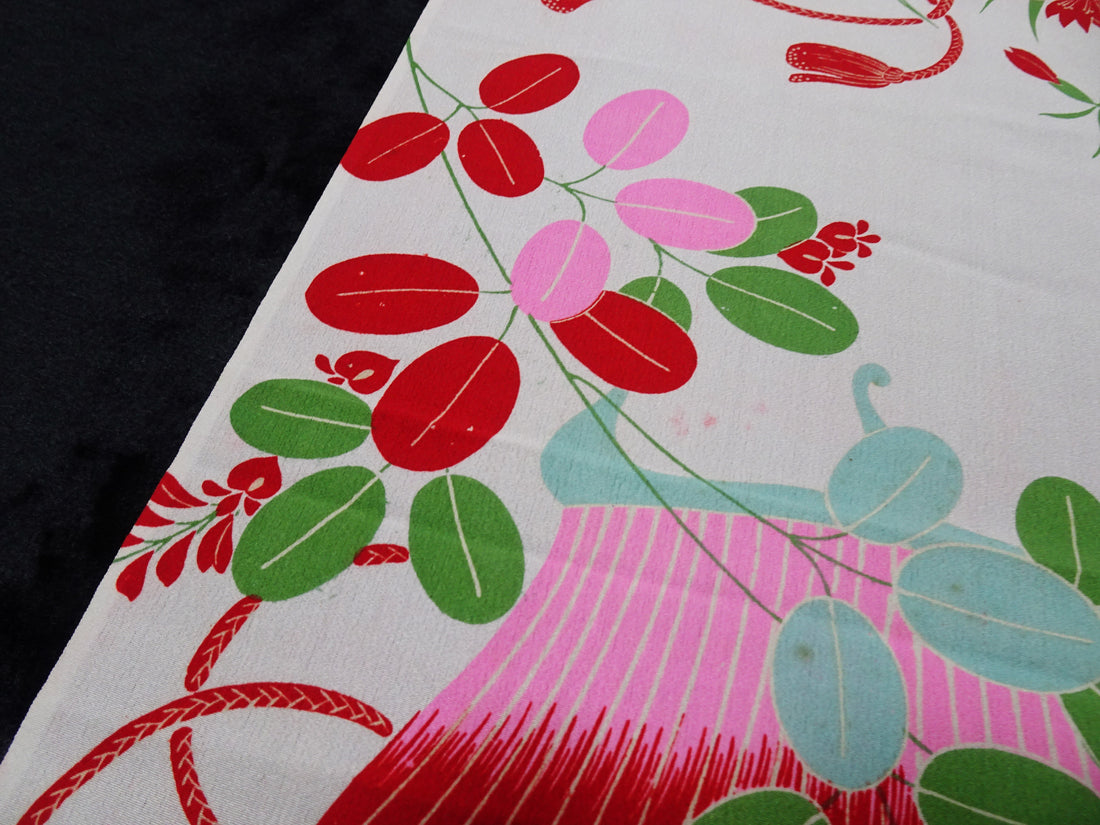 Japanese Antique Silk Kimono Fabric Bolt Nadeshiko Flowers, Autumn Grasses & Insect Cage Motif 18093