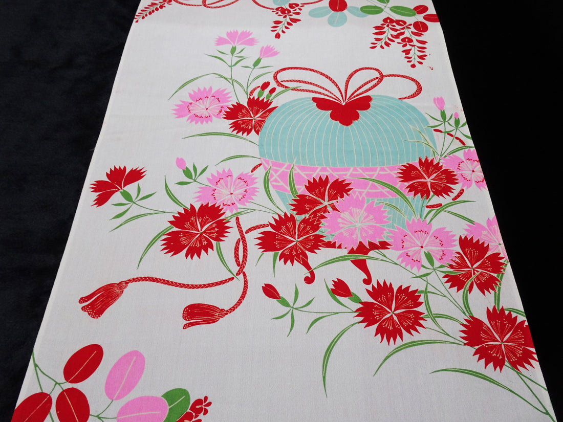 Japanese Antique Silk Kimono Fabric Bolt Nadeshiko Flowers, Autumn Grasses & Insect Cage Motif 18093