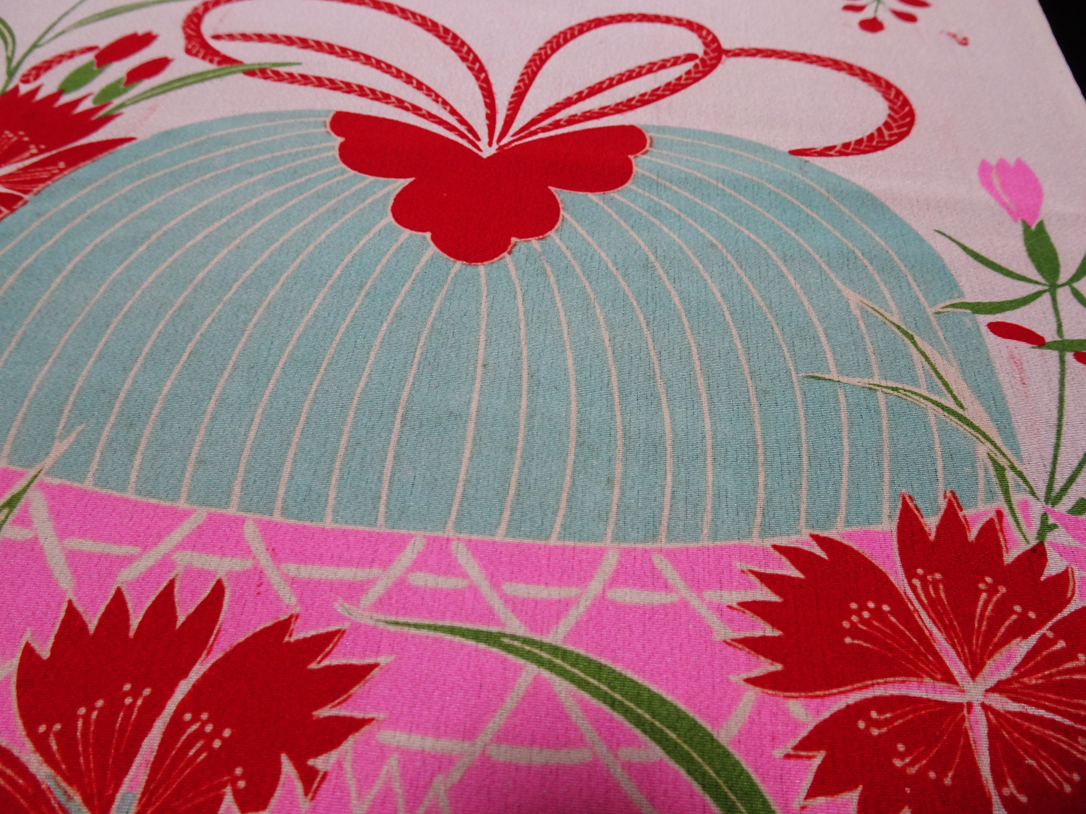 Japanese Antique Silk Kimono Fabric Bolt Nadeshiko Flowers, Autumn Grasses & Insect Cage Motif 18093