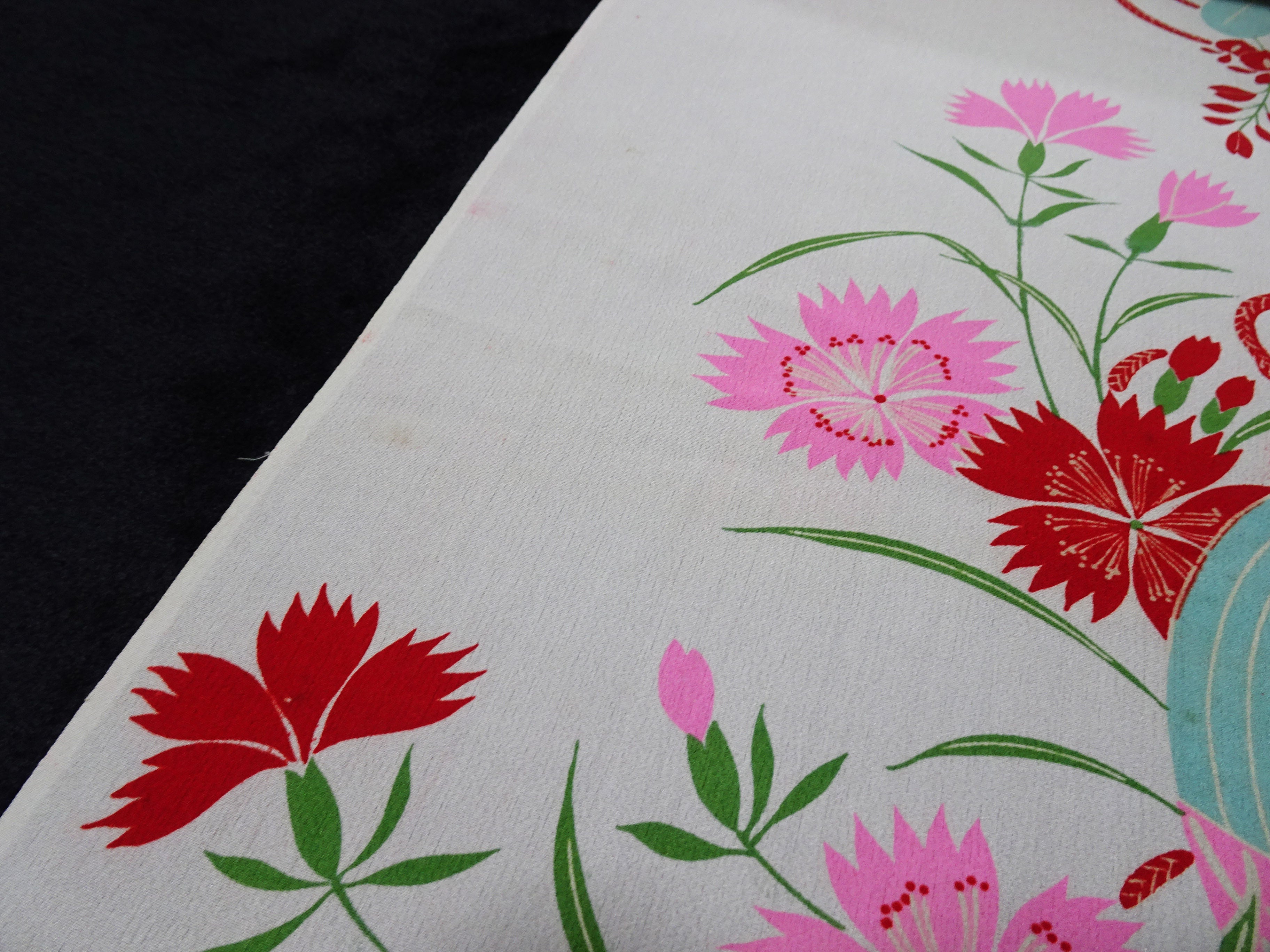 Japanese Antique Silk Kimono Fabric Bolt Nadeshiko Flowers, Autumn Grasses & Insect Cage Motif 18093