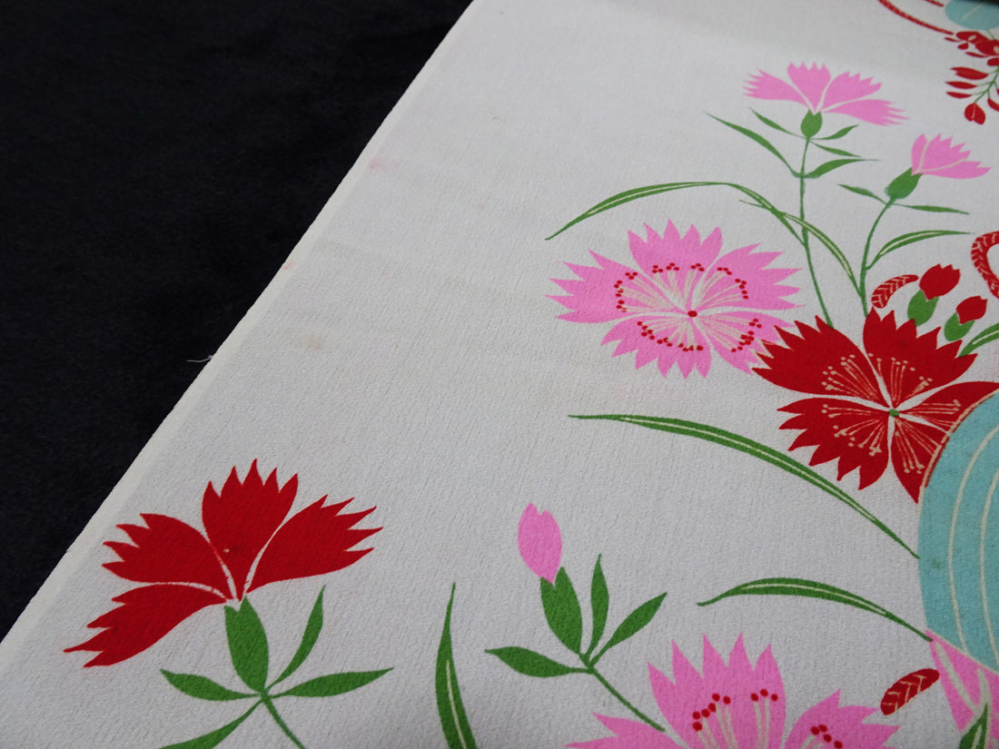 Japanese Antique Silk Kimono Fabric Bolt Nadeshiko Flowers, Autumn Grasses & Insect Cage Motif 18093