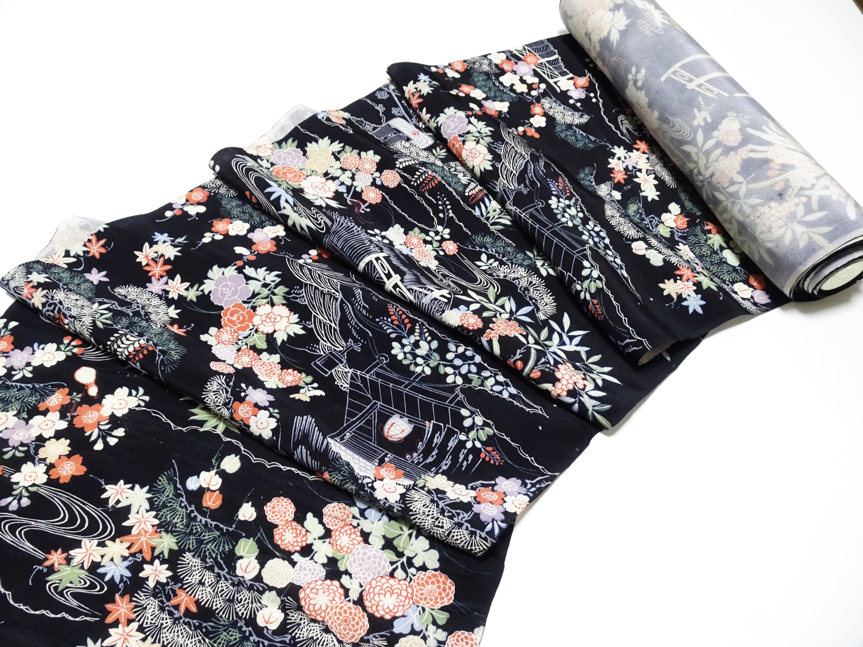 Japanese Antique Rayon Kimono Fabric Bolt Black Background with Flowing Water and Floral Pattern 18094
