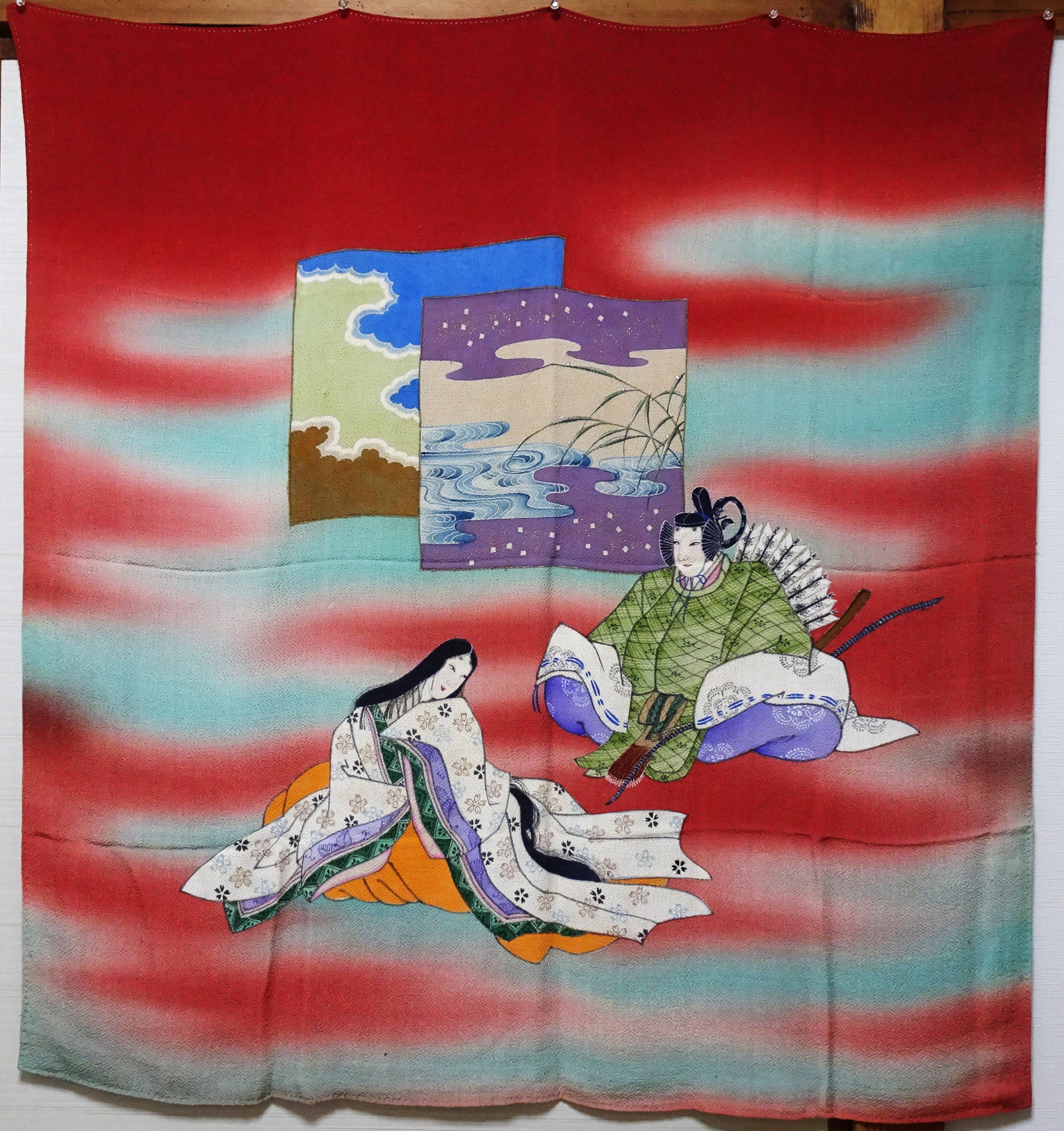 Japanese Vintage Showa Era Celebratory Large Furoshiki with Tale of Genji Design on Oni-Shibo Chirimen Silk  16345