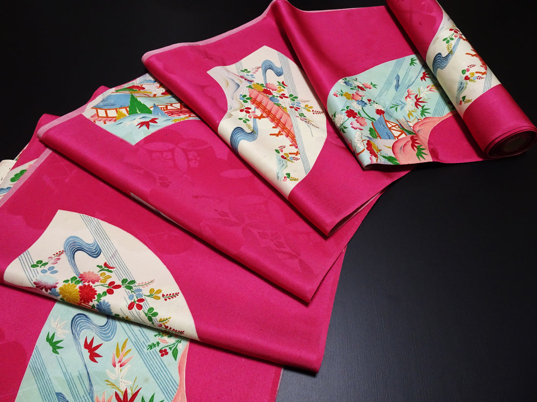 Japanese Antique Silk Bolts  / Mon Rinzu / Dyed Pattern 17509
