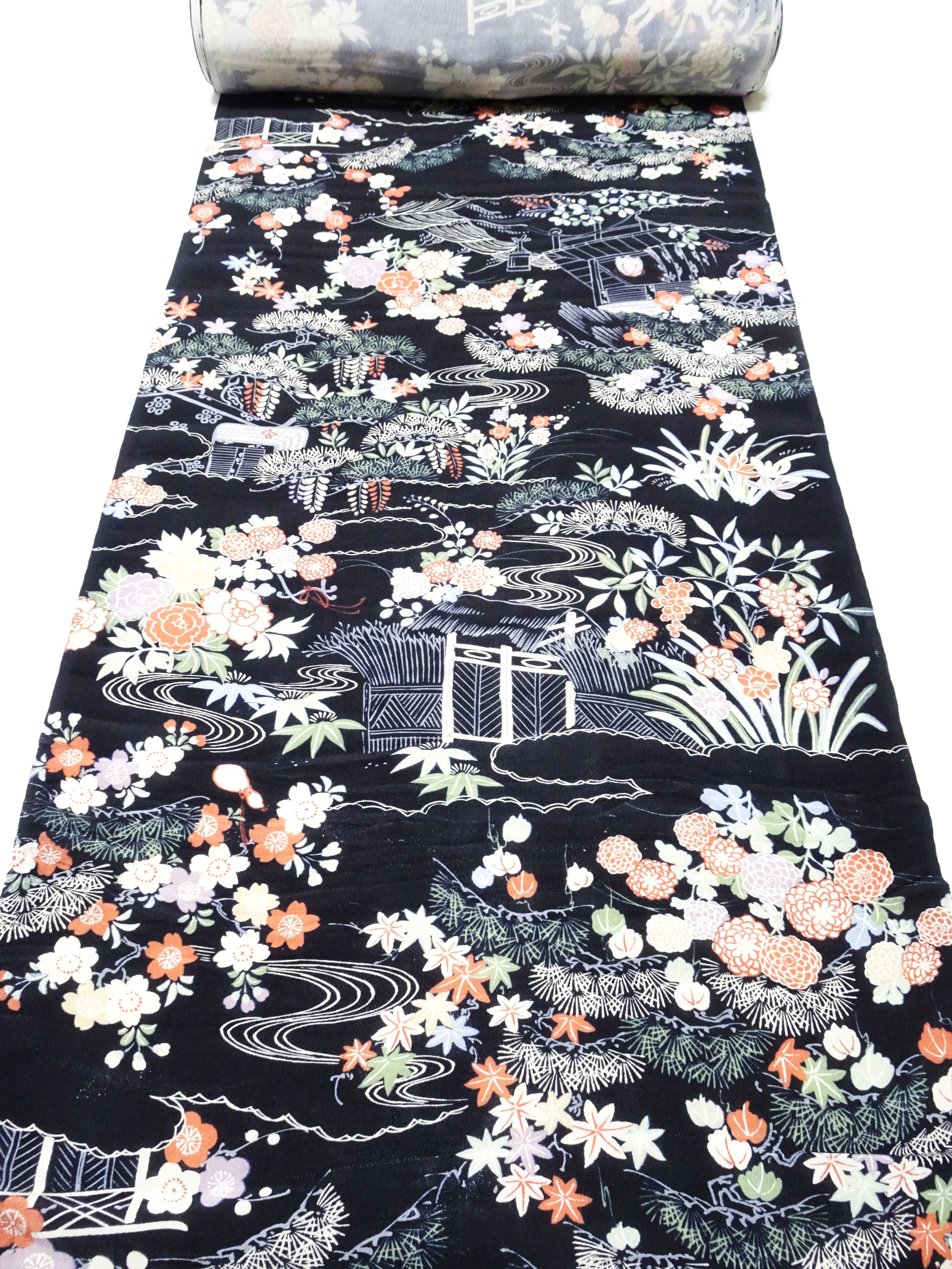 Japanese Antique Rayon Kimono Fabric Bolt Black Background with Flowing Water and Floral Pattern 18094